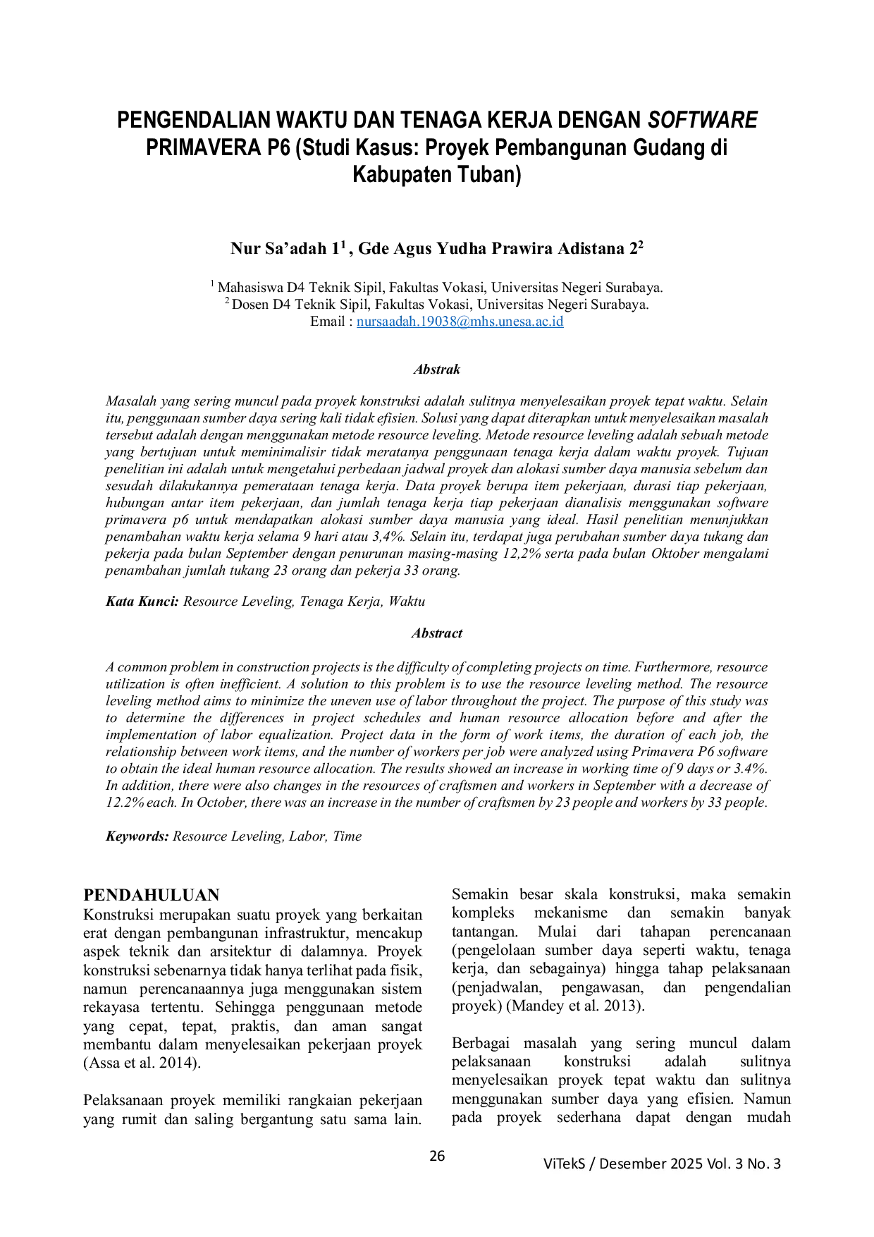 JURIS PENGENDALIAN WAKTU DAN TENAGA KERJA DENGAN SOFTWARE PRIMAVERA P6 Studi Kasus Proyek Pemangunan Gudang di Kabupaten Tuban