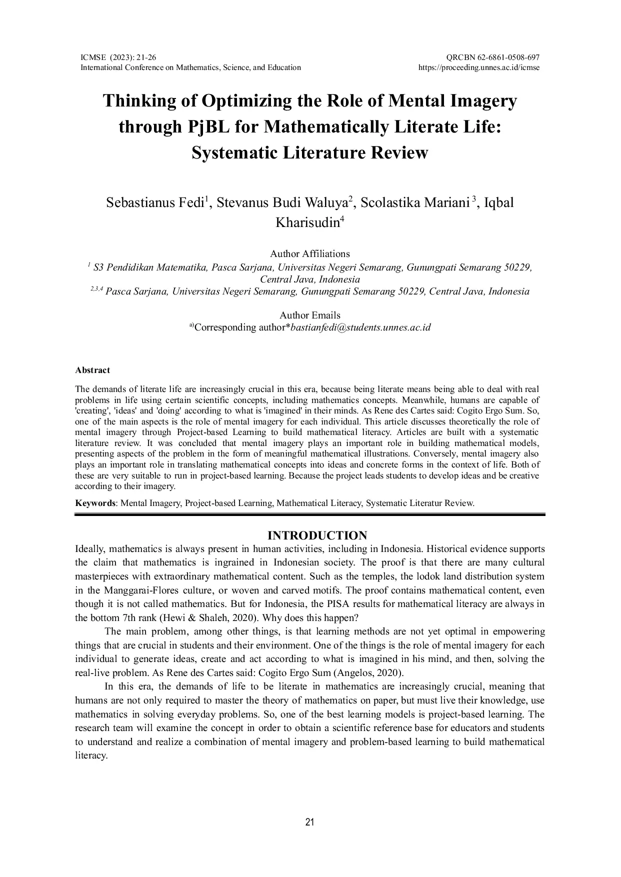 JURIS Thinking of Optimizing the Role of Mental Imagery through PjBL for Mathematically Literate Life Systematic Literature Review