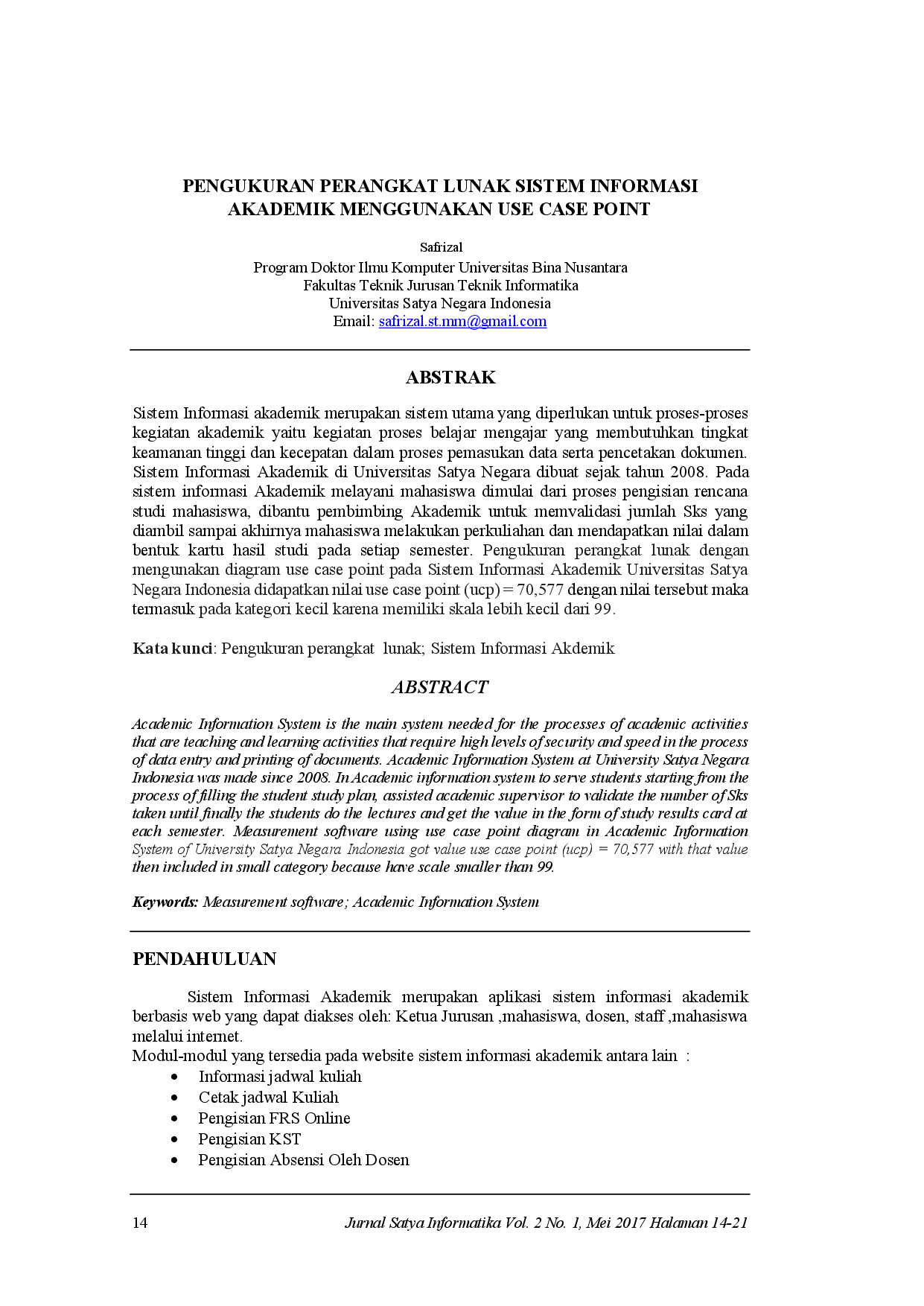 juris Pengukuran Perangkat Lunak Sistem Informasi Akademik Menggunakan Use Case Point