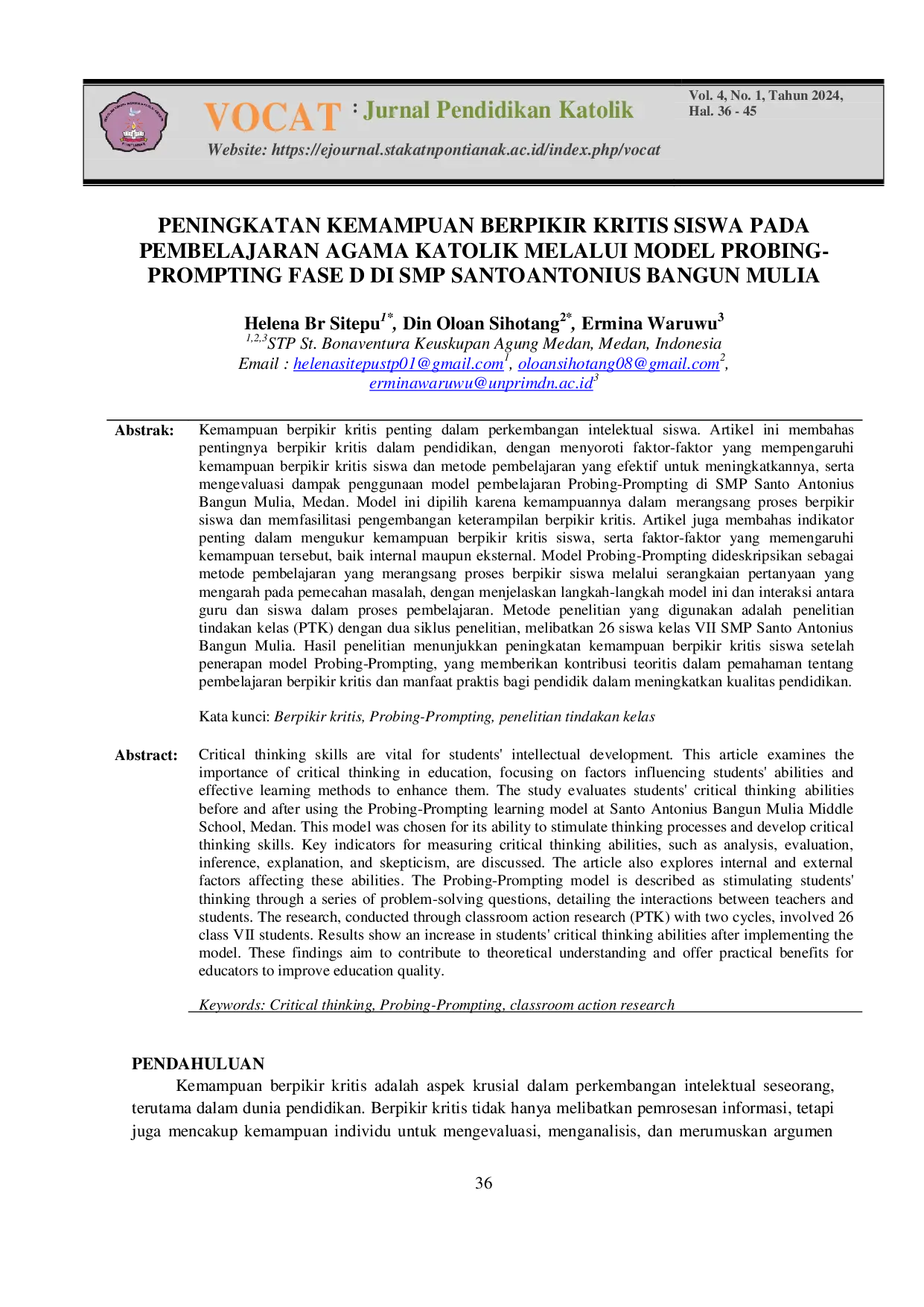 JURIS Peningkatan Kemampuan Berpikir Kritis Siswa pada Pembelajaran Agama Katolik Melalui Model Pembelajaran Probing Prompting Pada Fase D Di SMP Santo Antonius Bangun Mulia