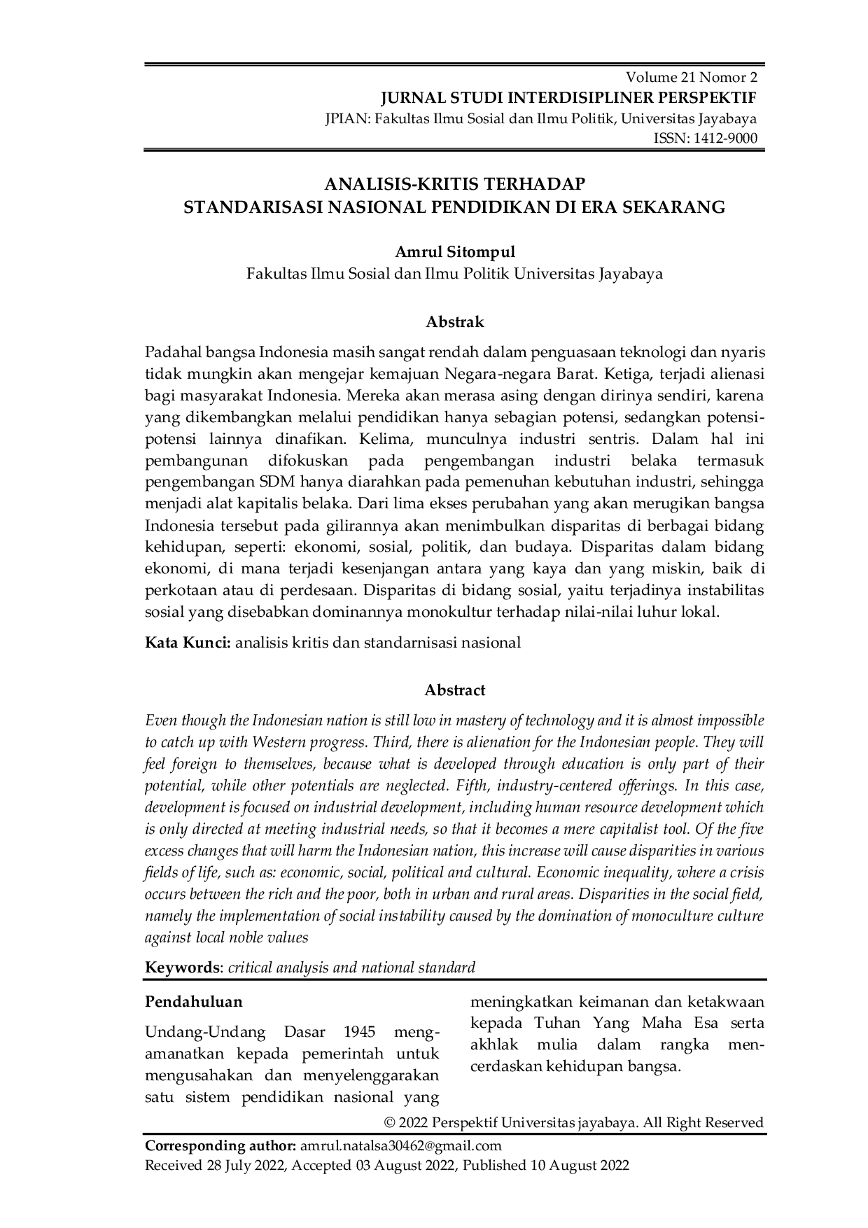 JURIS Analisis Kritis Terhadap Standarisasi Nasional Pendidikan di Era Sekarang