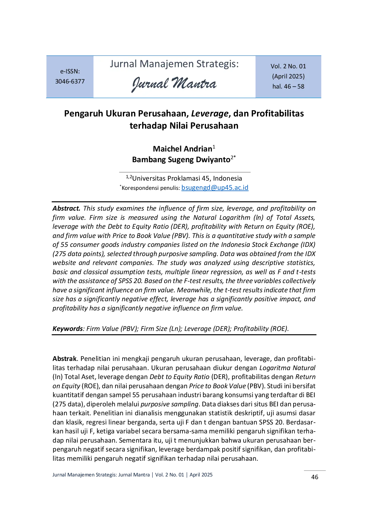 JURIS Pengaruh Ukuran Perusahaan Leverage dan Profitabilitas terhadap Nilai Perusahaan