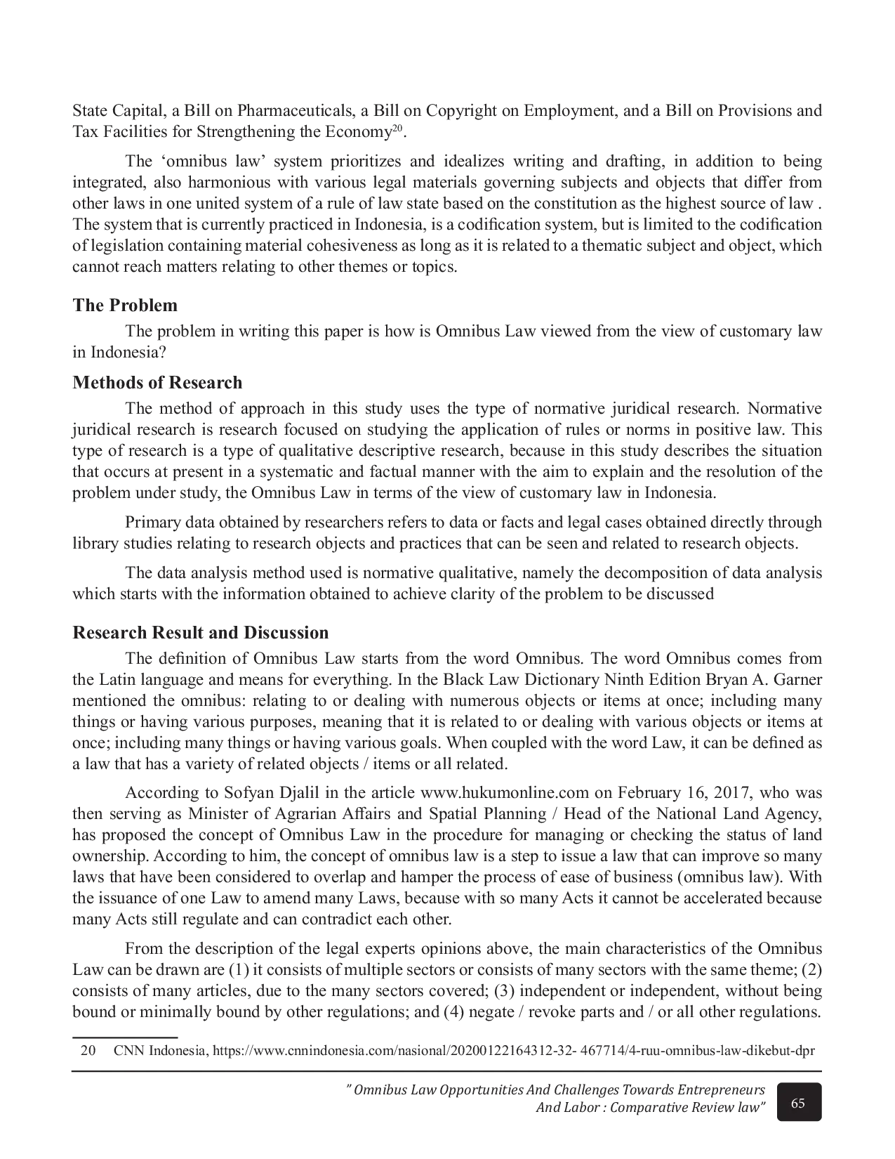 JURIS Omnibus Law Opportunities and Challenges towards Entrepreneurs and Labor Comparative Review