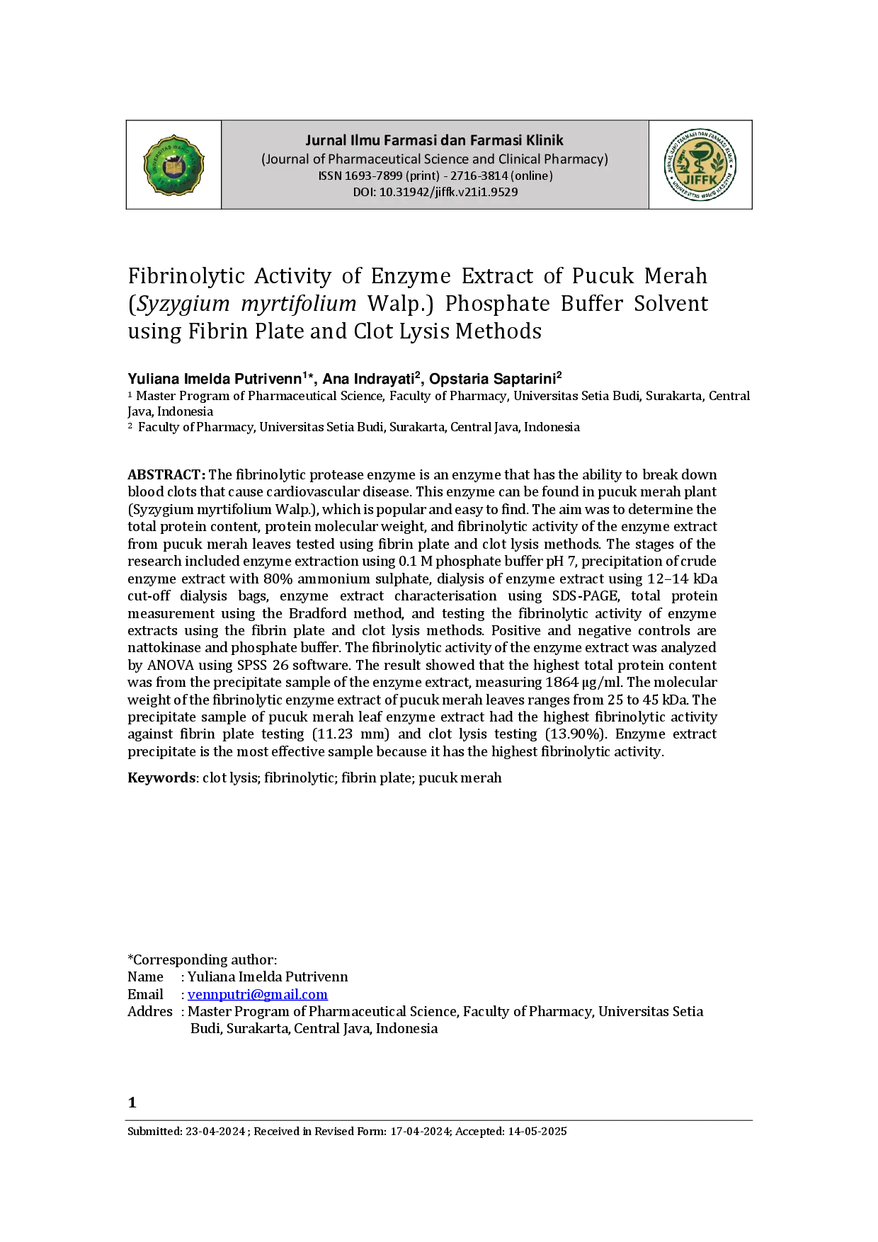 juris Fibrinolytic Activity of Enzyme Extract of Pucuk Merah Syzygium myrtifolium Walp Phosphate Buffer Solvent using Fibrin Plate and Clot Lysis Methods