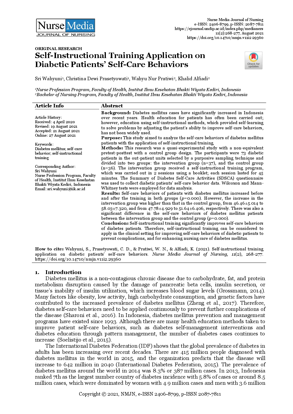 juris Self Instructional Training Application on Diabetic Patients Self Care Behaviors