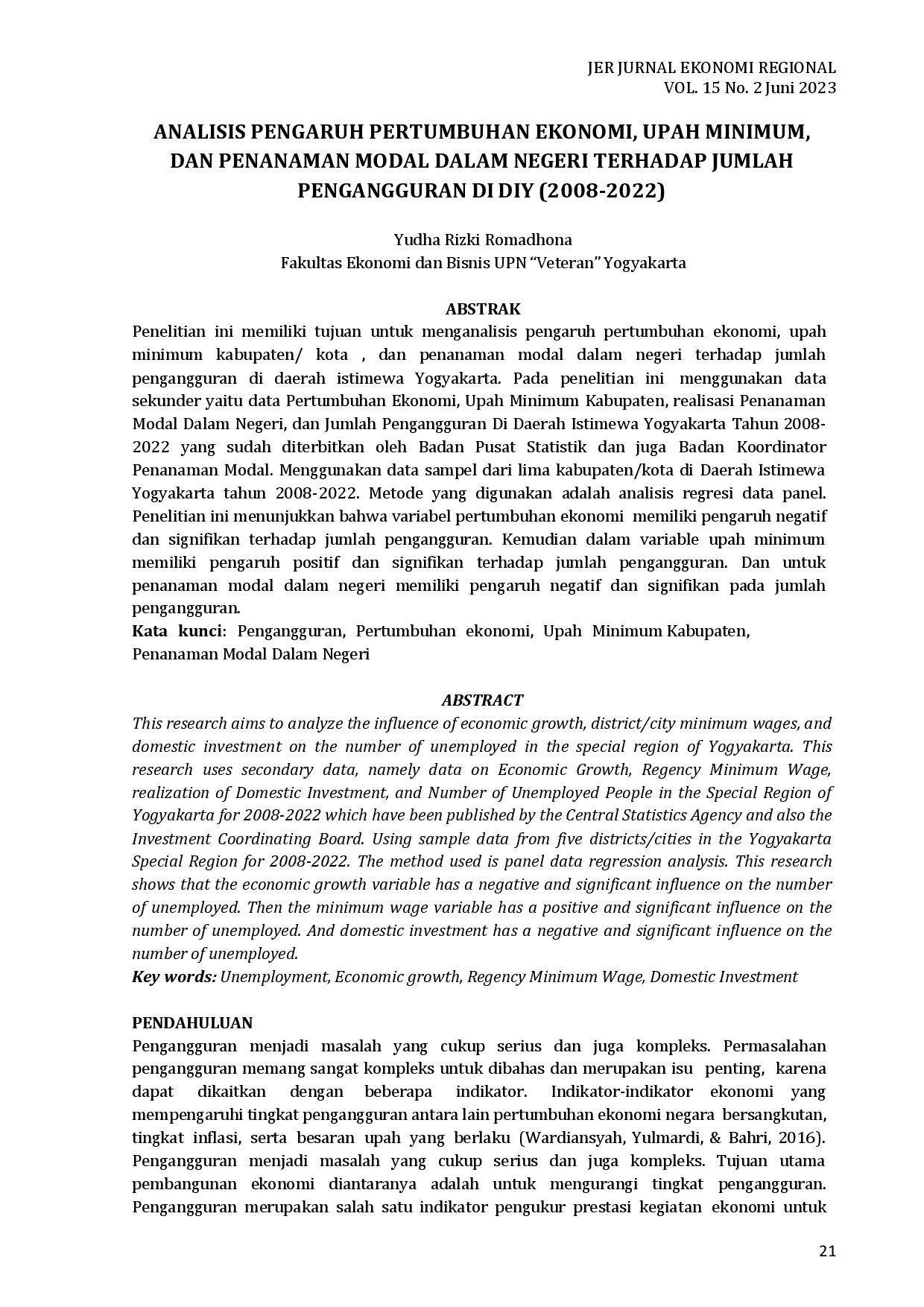 juris Analisis Pengaruh Pertumbuhan Ekonomi Upah Minimum Dan Penanaman Modal Dalam Negeri Terhadap Jumlah Pengangguran Di Diy 2008 2022