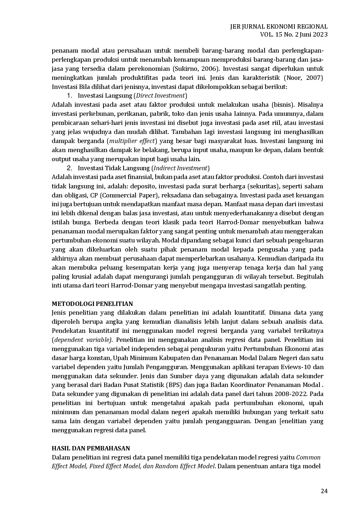 juris Analisis Pengaruh Pertumbuhan Ekonomi Upah Minimum Dan Penanaman Modal Dalam Negeri Terhadap Jumlah Pengangguran Di Diy 2008 2022