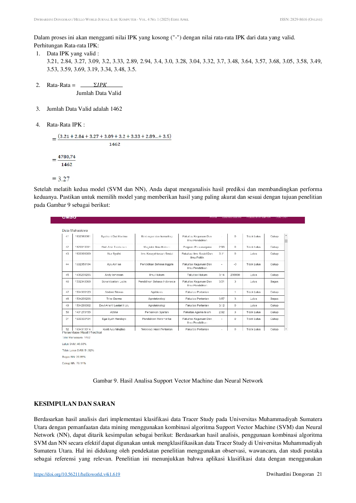 JURIS Implementasi Klasifikasi Data Tracer Study Pada Universitas Muhammadiyah Sumatera Utara Dengan Pemanfaatan Data Mining Menggunakan Kombinasi Algoritma Support Vector Machine dan Neural Network