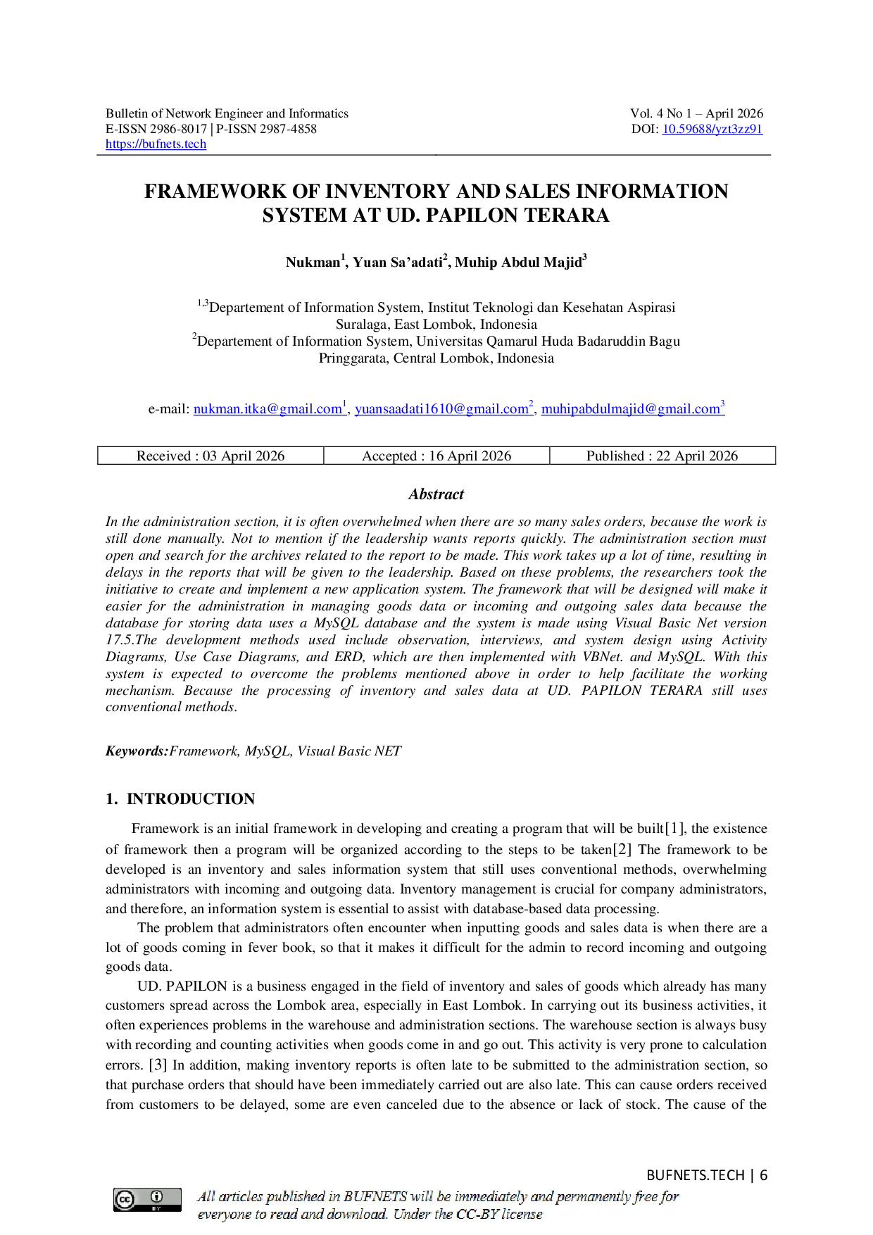 JURIS Framework of Inventory and Sales Information System at UD PAPILON TERARA