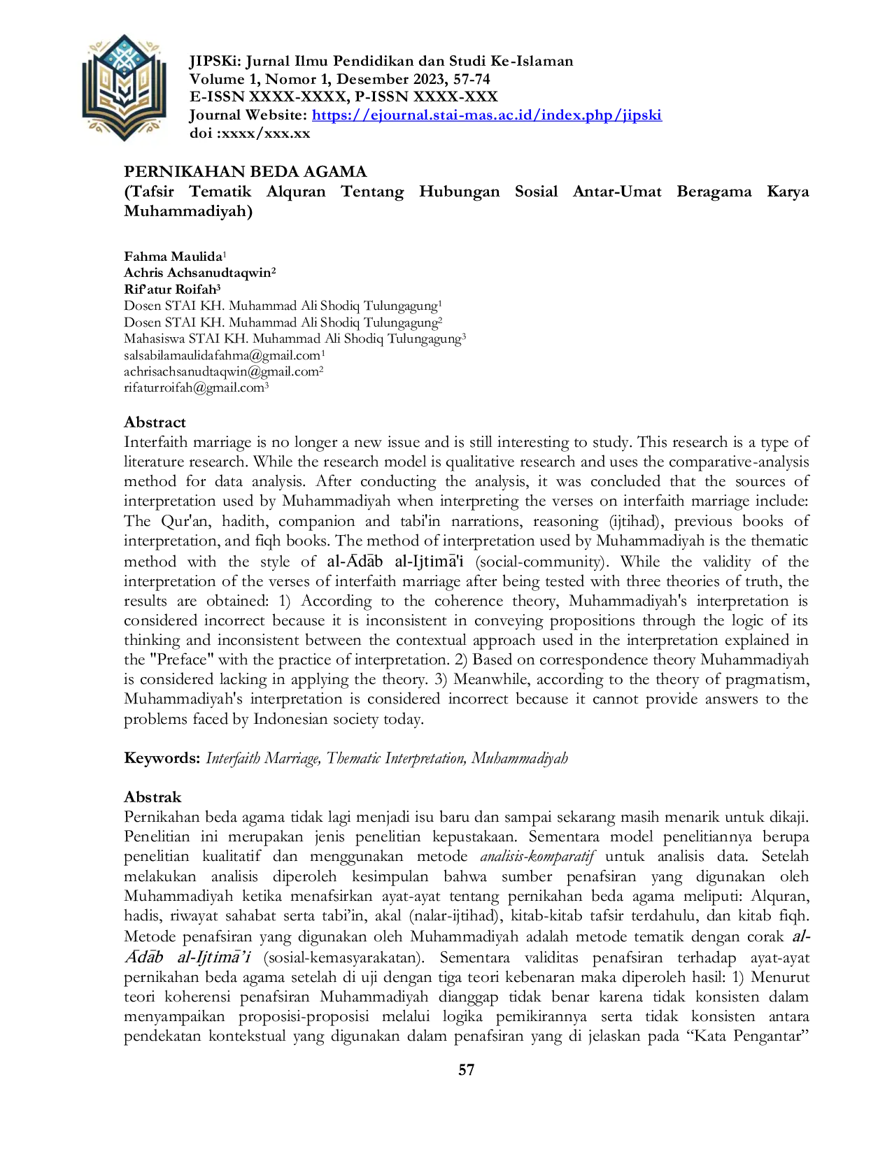 JURIS PERNIKAHAN BEDA AGAMA Tafsir Tematik Alquran Tentang Hubungan Sosial Antar Umat Beragama Karya Muhammadiyah