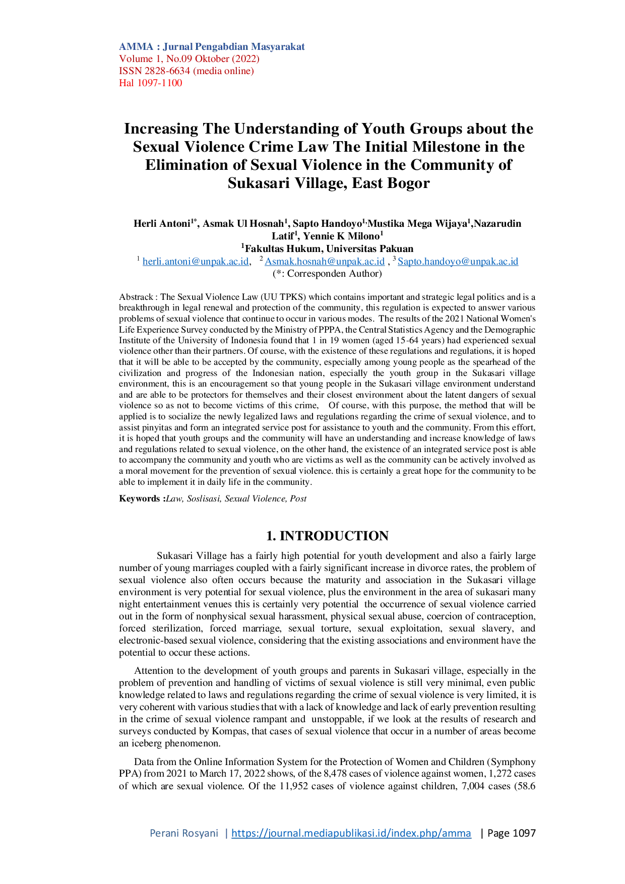 JURIS Increasing The Understanding of Youth Groups about the Sexual Violence Crime Law The Initial Milestone in the Elimination of Sexual Violence in the Community of Sukasari Village East Bogor