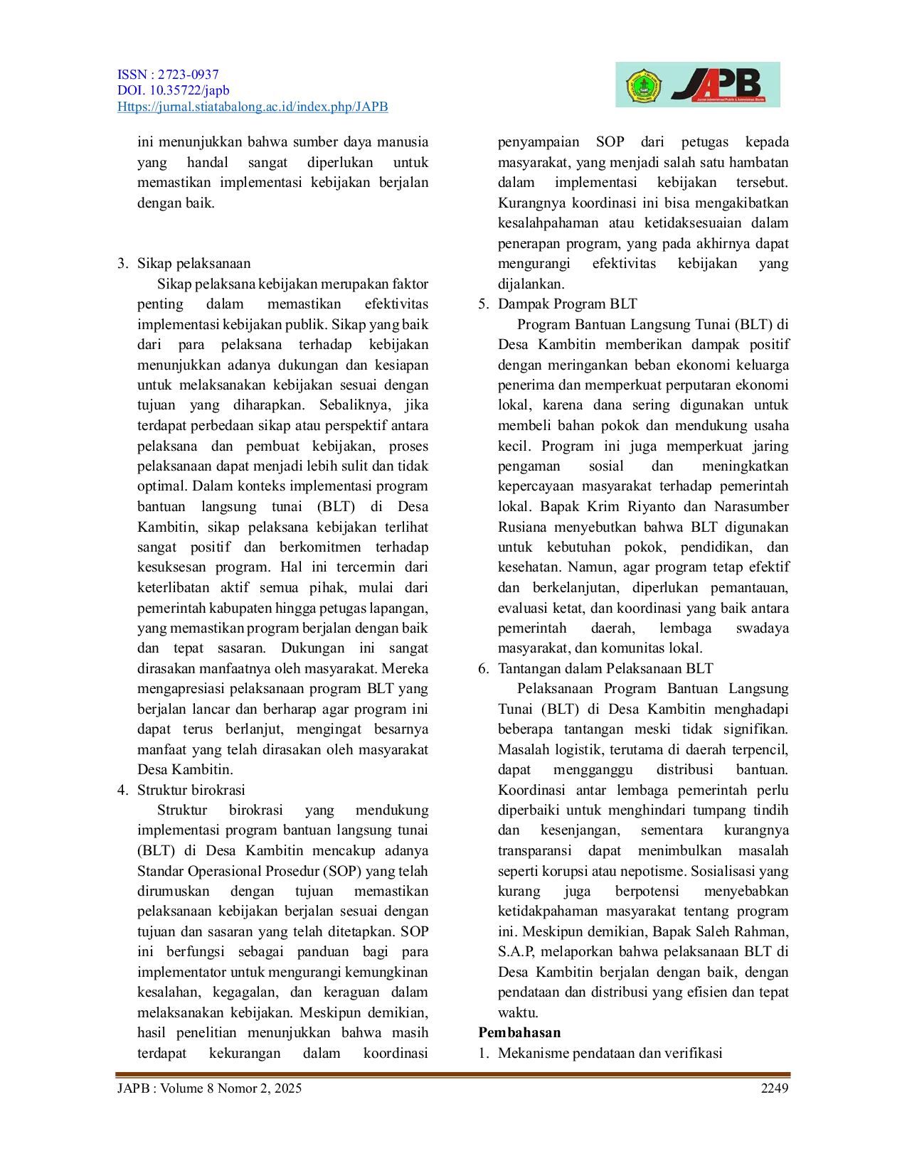 JURIS Implementasi Program Bantuan Langsung Tunai Pada Kantor Desa Kambitin Kecamatan Tanjung Kabupaten Tabalong