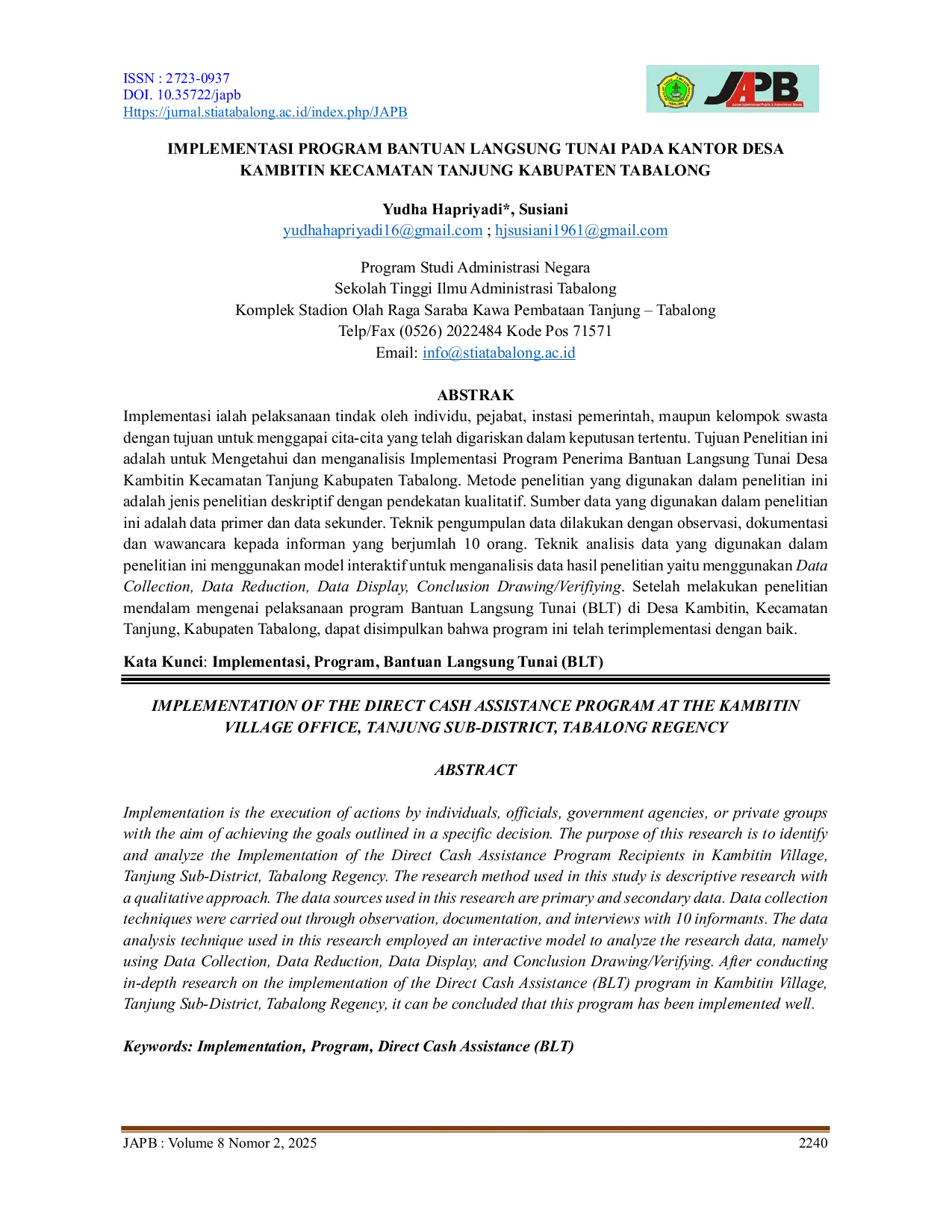 JURIS Implementasi Program Bantuan Langsung Tunai Pada Kantor Desa Kambitin Kecamatan Tanjung Kabupaten Tabalong