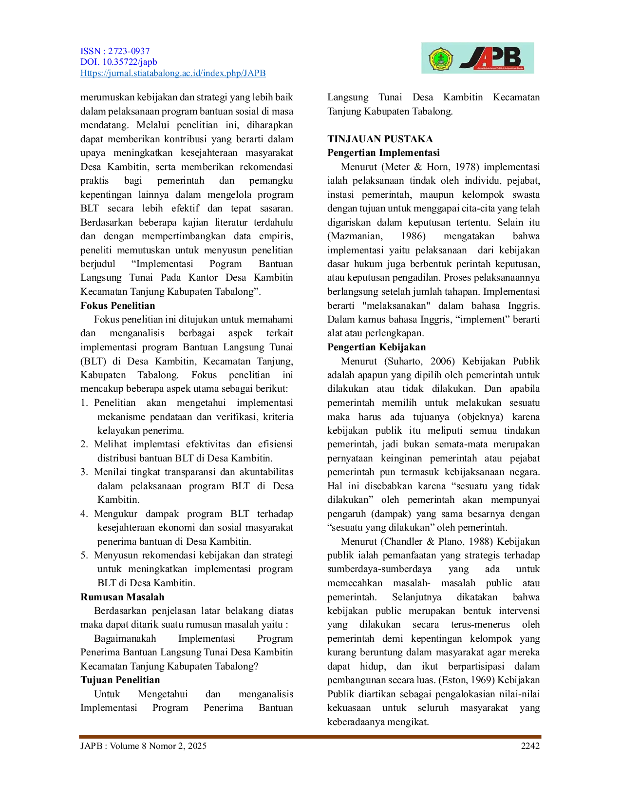 JURIS Implementasi Program Bantuan Langsung Tunai Pada Kantor Desa Kambitin Kecamatan Tanjung Kabupaten Tabalong