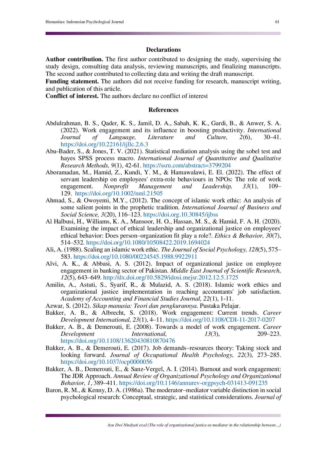 JURIS The role of organizational justice as mediator in the relationship between Islamic work ethics and work engagement