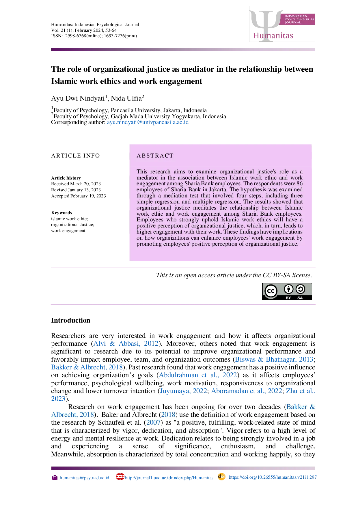 JURIS The role of organizational justice as mediator in the relationship between Islamic work ethics and work engagement