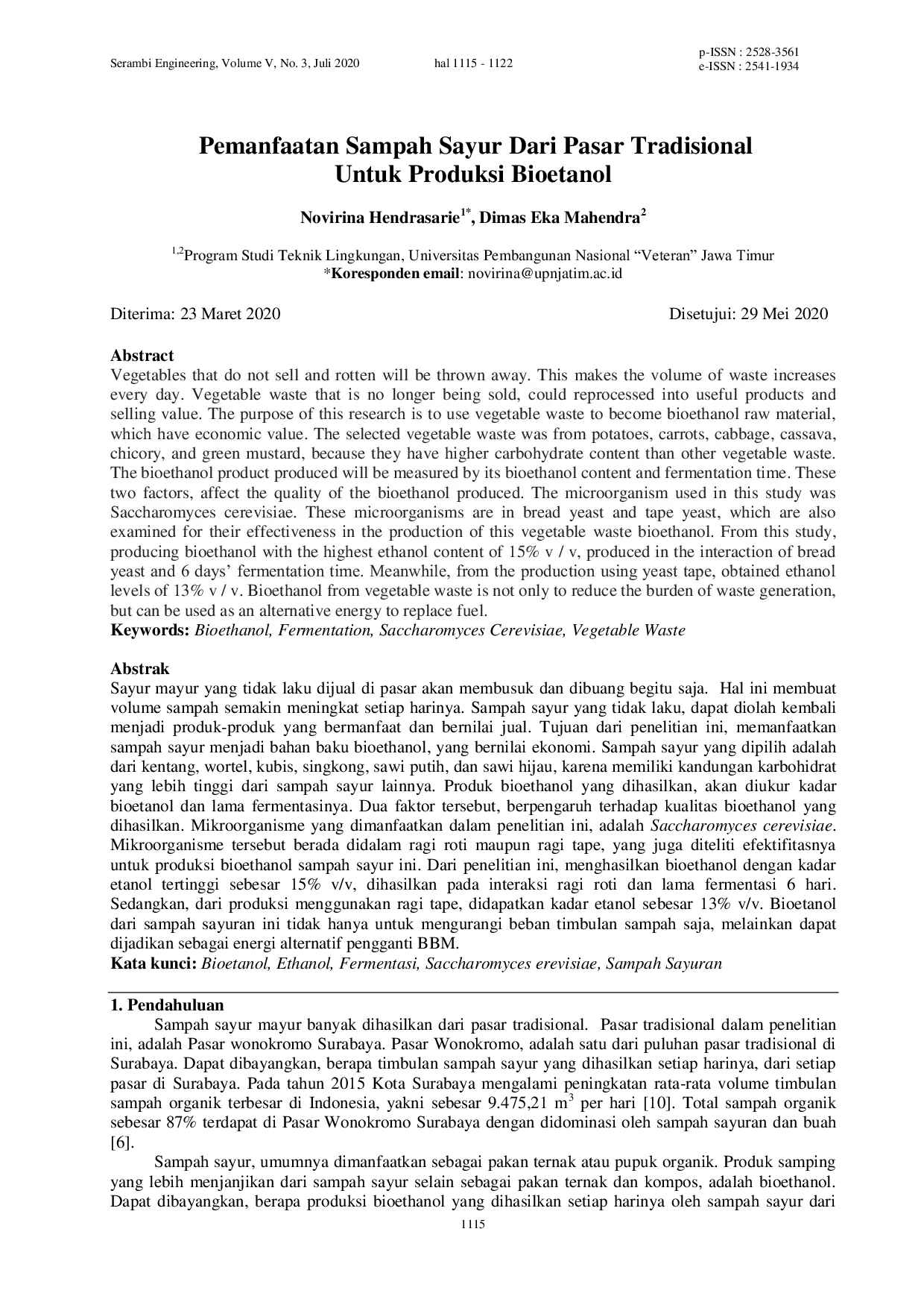 JURIS Pemanfaatan Sampah Sayur Dari Pasar Tradisional Untuk Produksi Bioetanol