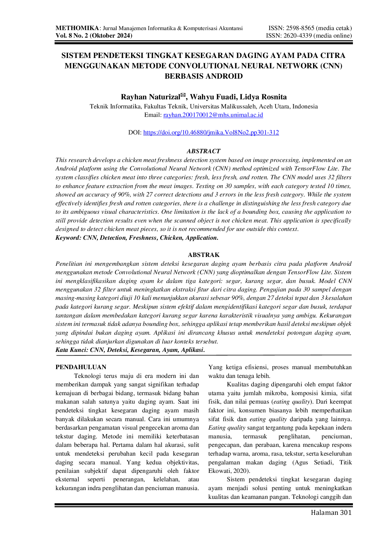 JURIS Sistem Pendeteksi Tingkat Kesegaran Daging Ayam Pada Citra Menggunakan Metode Convolutional Neural Network Cnn Berbasis Android