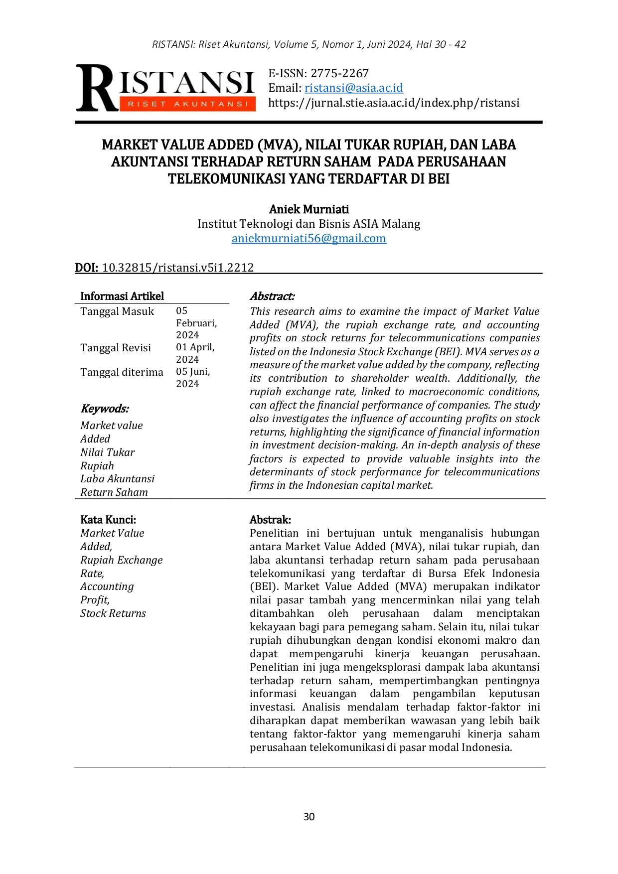 JURIS Market Value Added MVA Nilai Tukar Rupiah dan Laba Akuntansi Terhadap Return Saham pada Perusahaan Telekomunikasi yang Terdaftar di BEI
