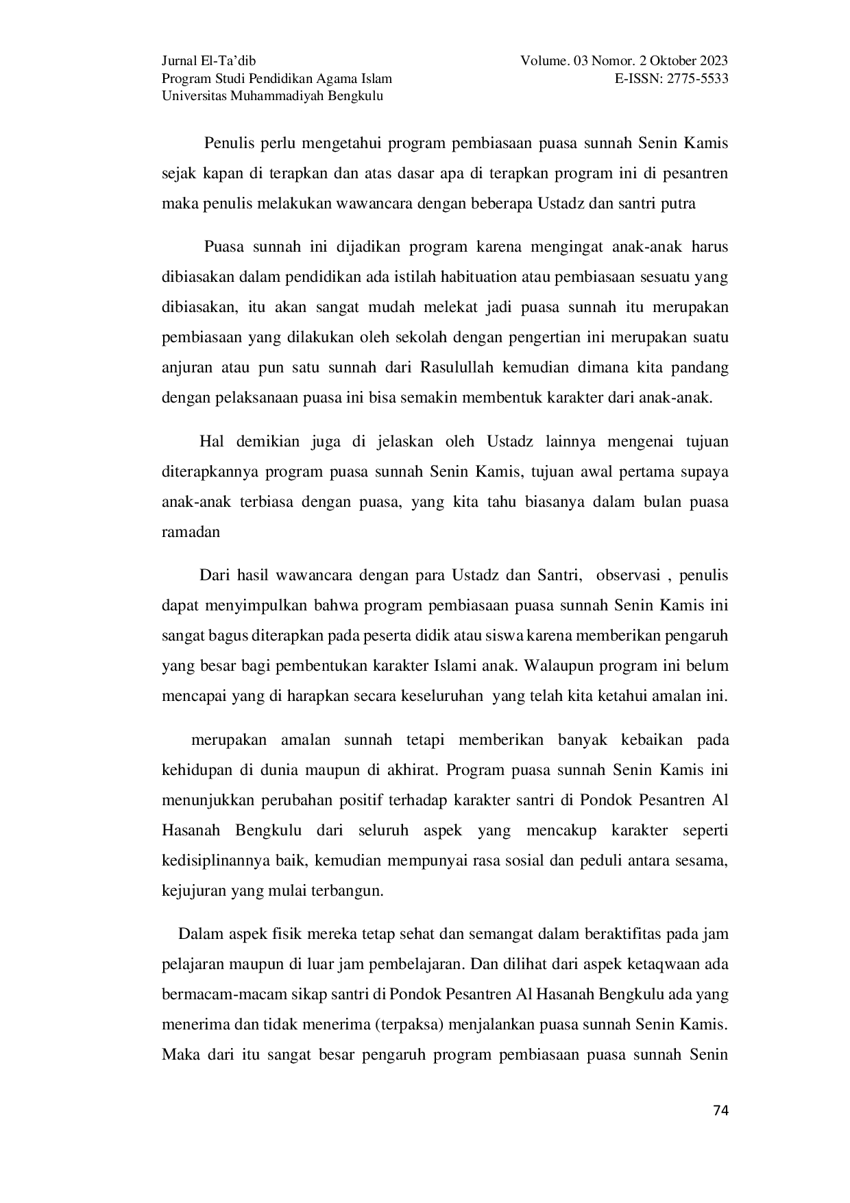 JURIS Pelaksanaan Puasa Sunnah Dalam Meningkatkan Religiusitas Santri Di Pondok Pesantren Al Hasanah Bengkulu Tengah