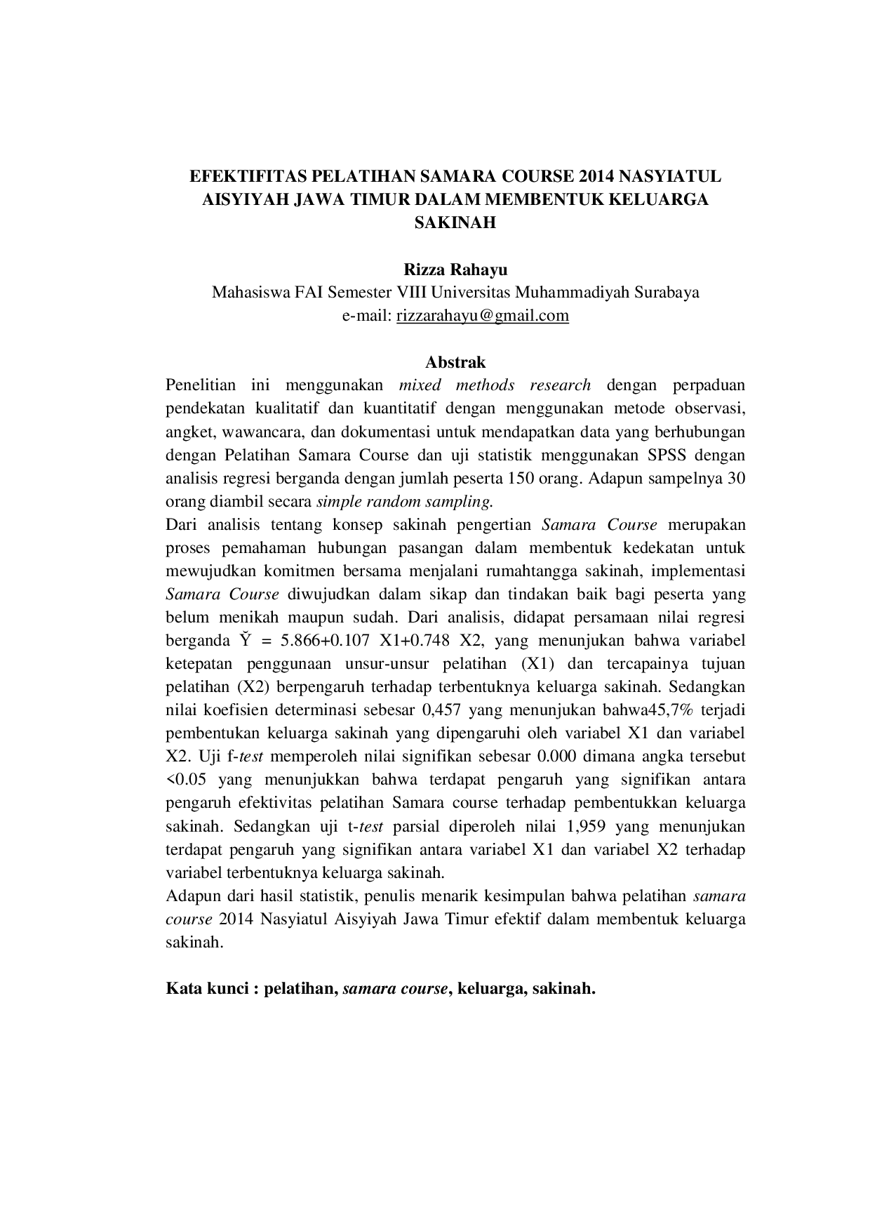 JURIS Efektifitas Pelatihan Samara Course 2014 Nasyiatul Aisyiyah Jawa Timur Dalam Membentuk Keluarga Sakinah