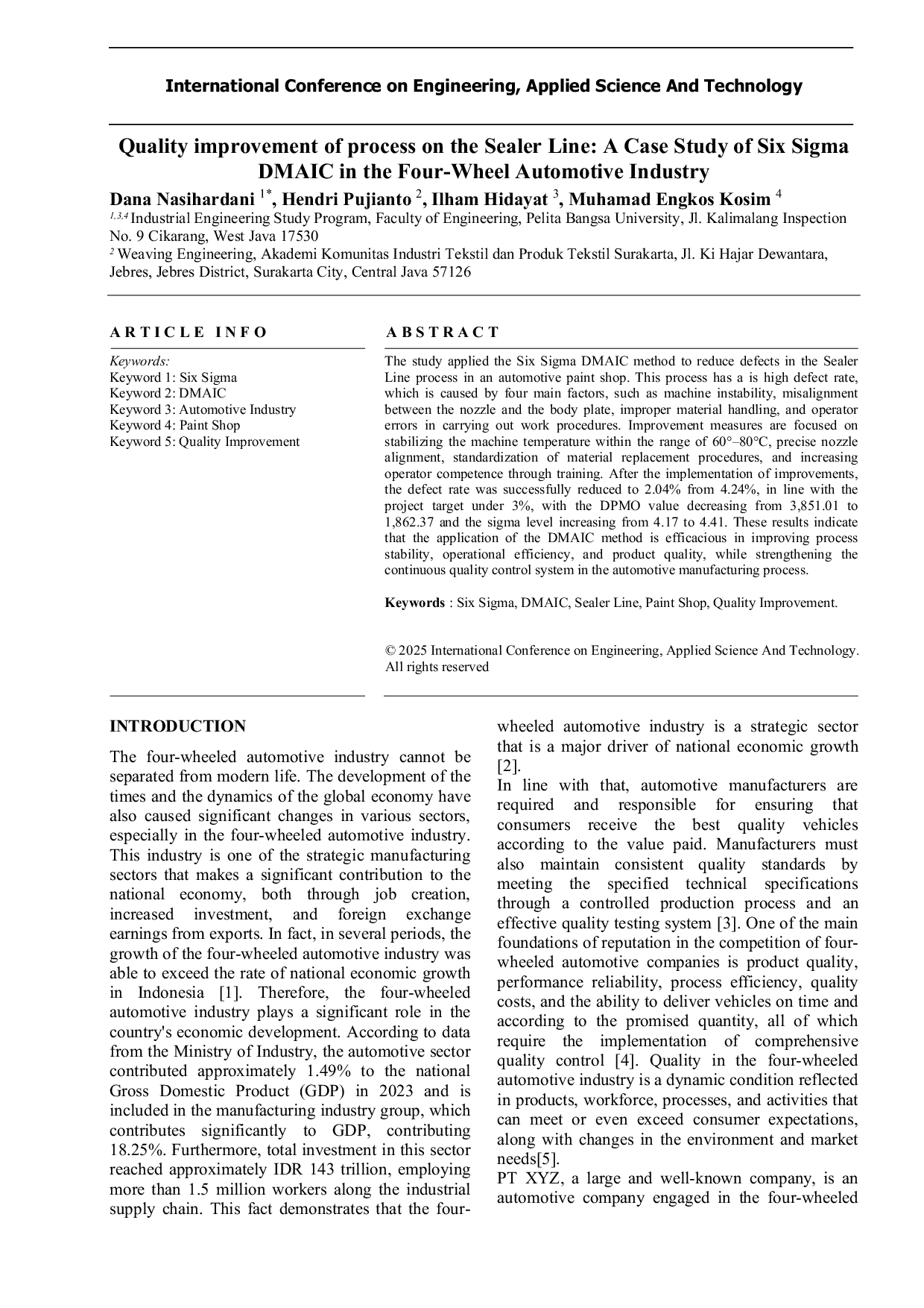 JURIS Quality improvement of process on the Sealer Line A Case Study of Six Sigma DMAIC in the Four Wheel Automotive Industry