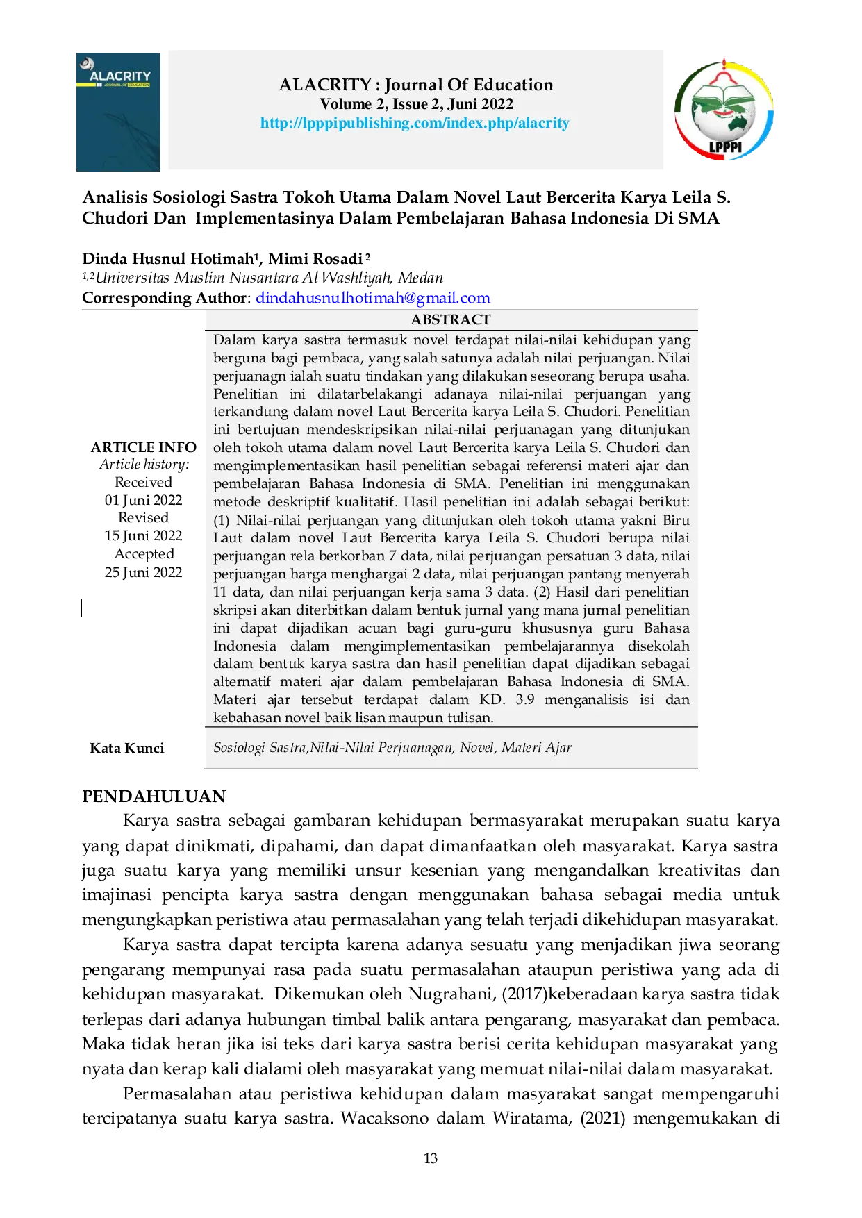 JURIS Analisis Sosiologi Sastra Tokoh Utama Dalam Novel Laut Bercerita Karya Leila S Chudori Dan Implementasinya Dalam Pembelajaran Bahasa Indonesia Di SMA