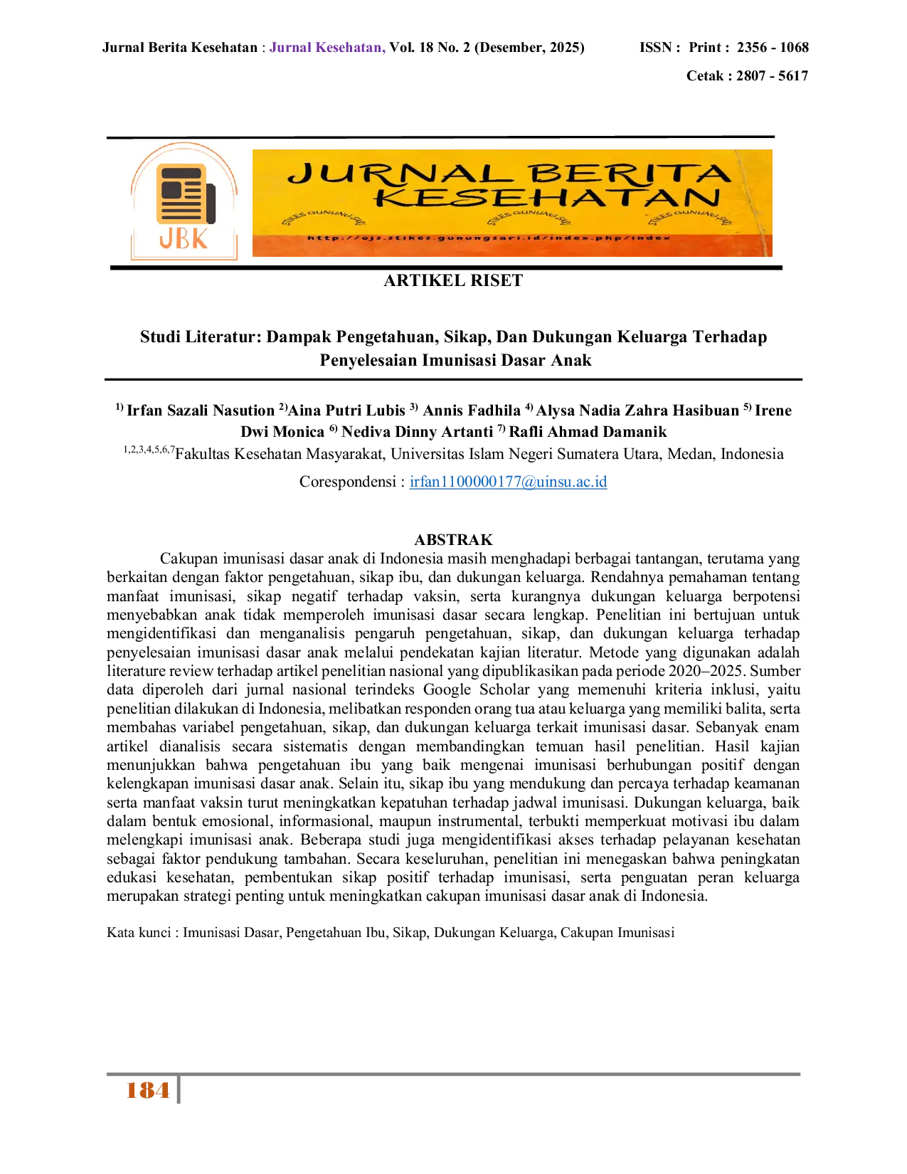 JURIS Studi Literatur Dampak Pengetahuan Sikap Dan Dukungan Keluarga Terhadap Penyelesaian Imunisasi Dasar Anak