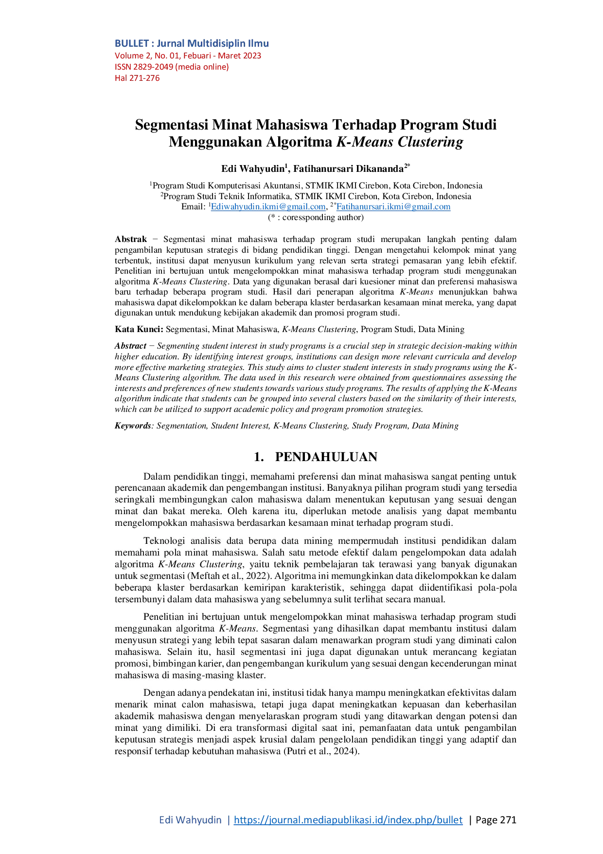 JURIS Segmentasi Minat Mahasiswa Terhadap Program Studi Menggunakan Algoritma K Means Clustering