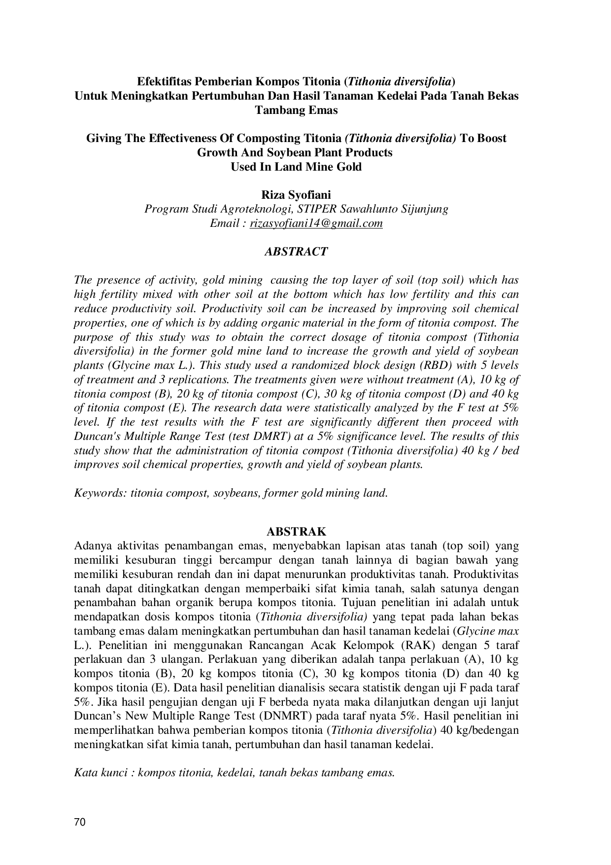 JURIS Efektifitas Pemberian Kompos Titonia Tithonia diversifolia Untuk Meningkatkan Pertumbuhan Dan Hasil Tanaman Kedelai Pada Tanah Bekas Tambang Emas
