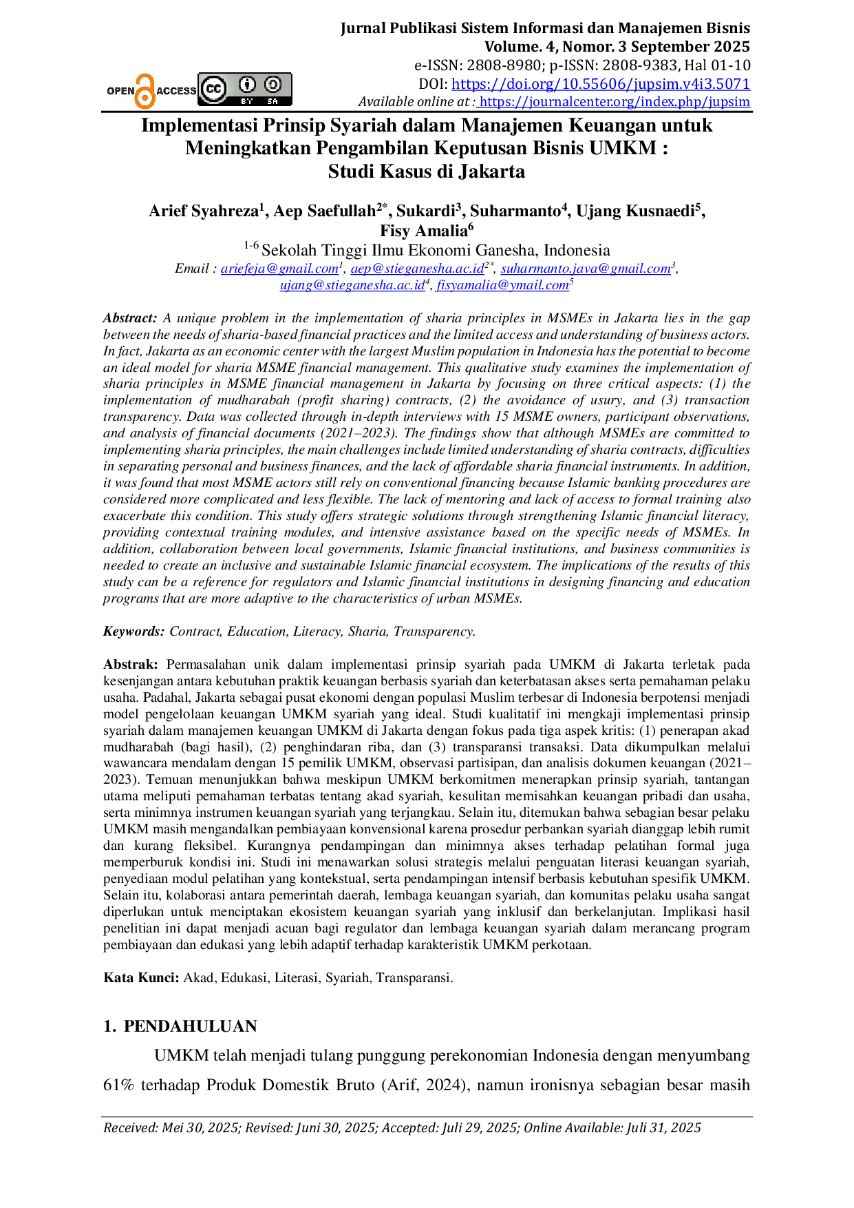JURIS Implementasi Prinsip Syariah dalam Manajemen Keuangan untuk Meningkatkan Pengambilan Keputusan Bisnis UMKM Studi Kasus di Jakarta