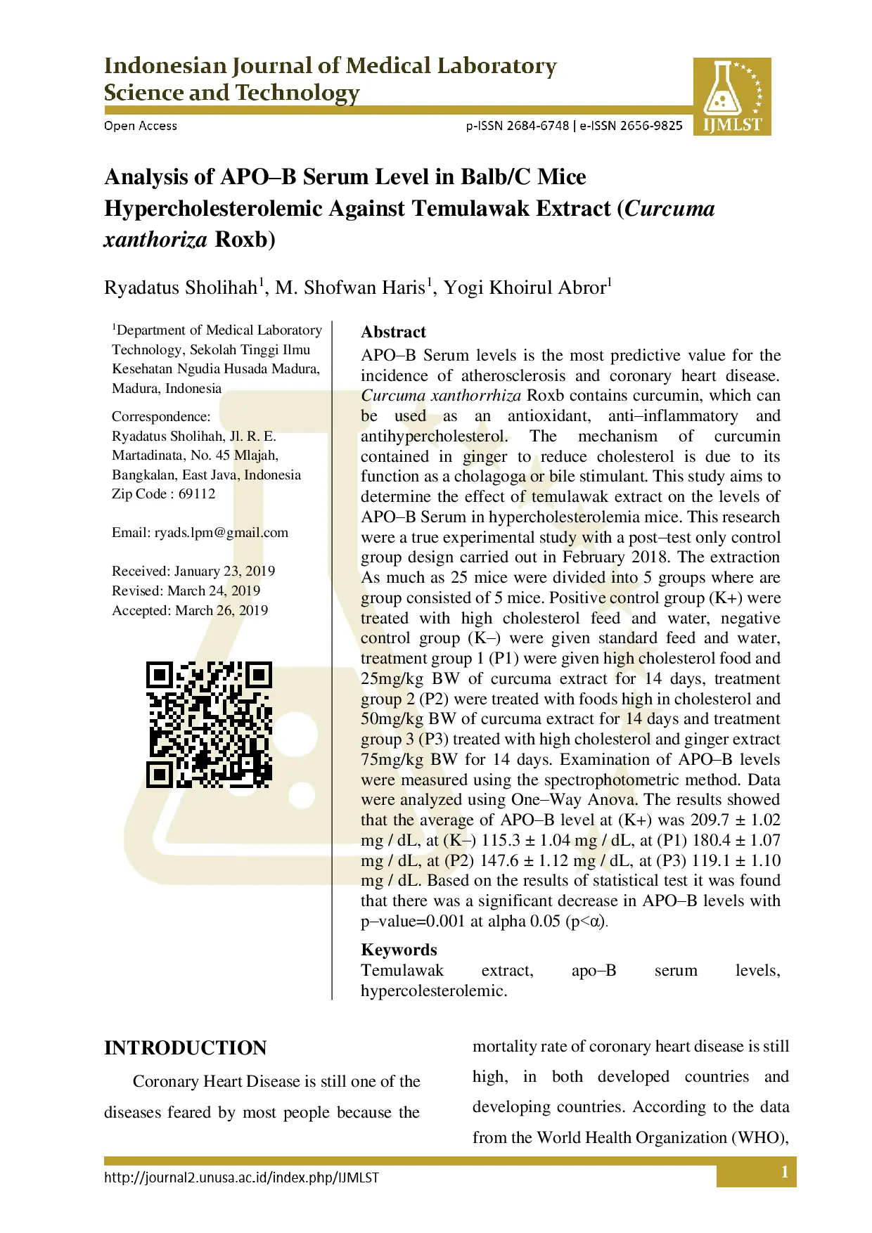 juris Analysis of APO B Serum Level in Balb C Mice Hypercholesterolemic Against Temulawak Extract Curcuma Xanthoriza Roxb