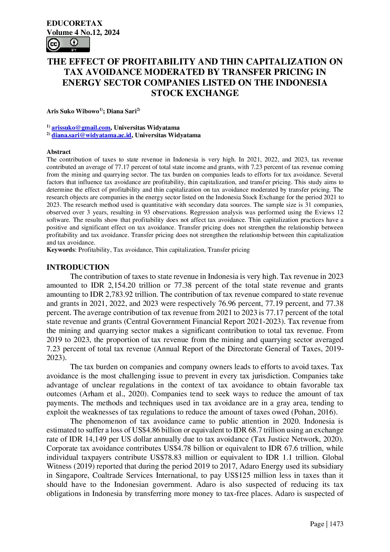 JURIS The effect of profitability and thin capitalization on tax avoidance moderated by transfer pricing in energy sector companies listed on The Indonesia Stock Exchange