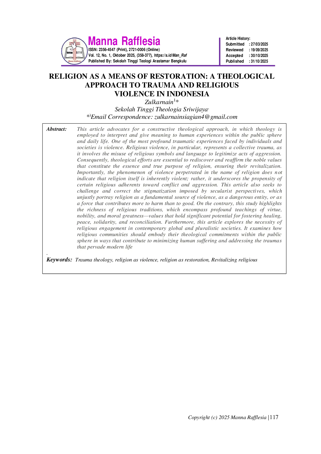 JURIS Religion As A Means Of Restoration A Theological Approach To Trauma And Religious Violence In Indonesia