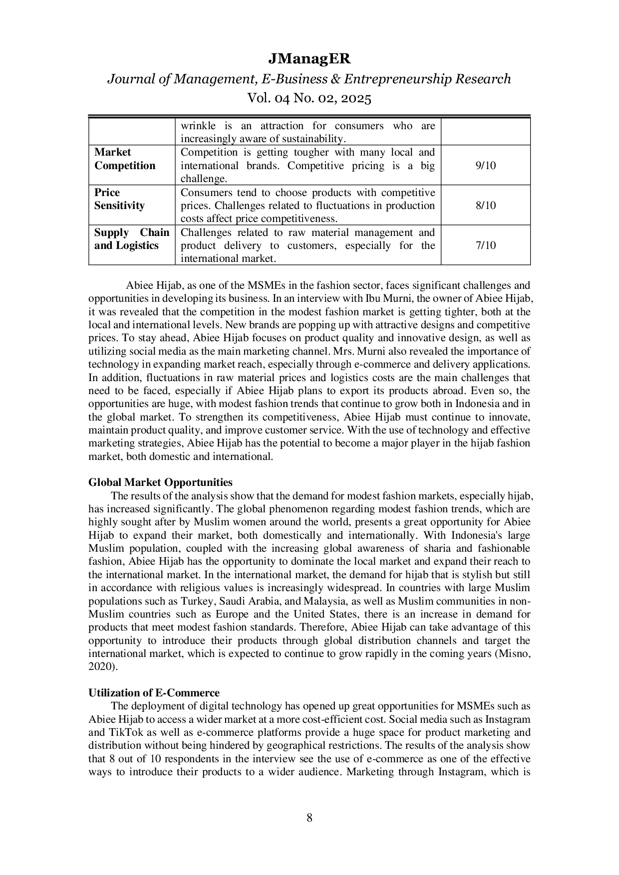 JURIS Dynamics of Opportunities and Challenges in MSMEs Abiee Hijab Medan North Sumatra Business and Innovation Perspectives