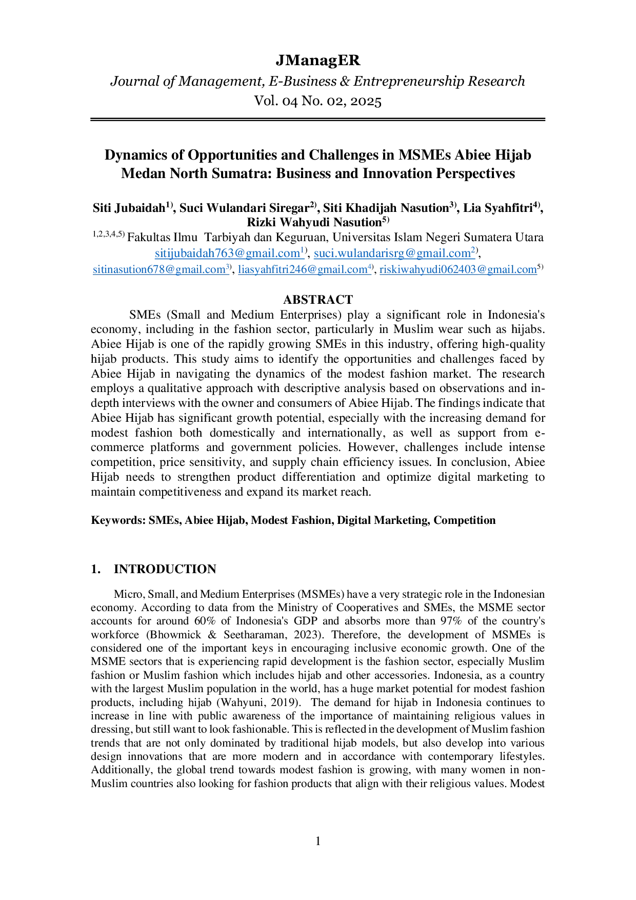 JURIS Dynamics of Opportunities and Challenges in MSMEs Abiee Hijab Medan North Sumatra Business and Innovation Perspectives