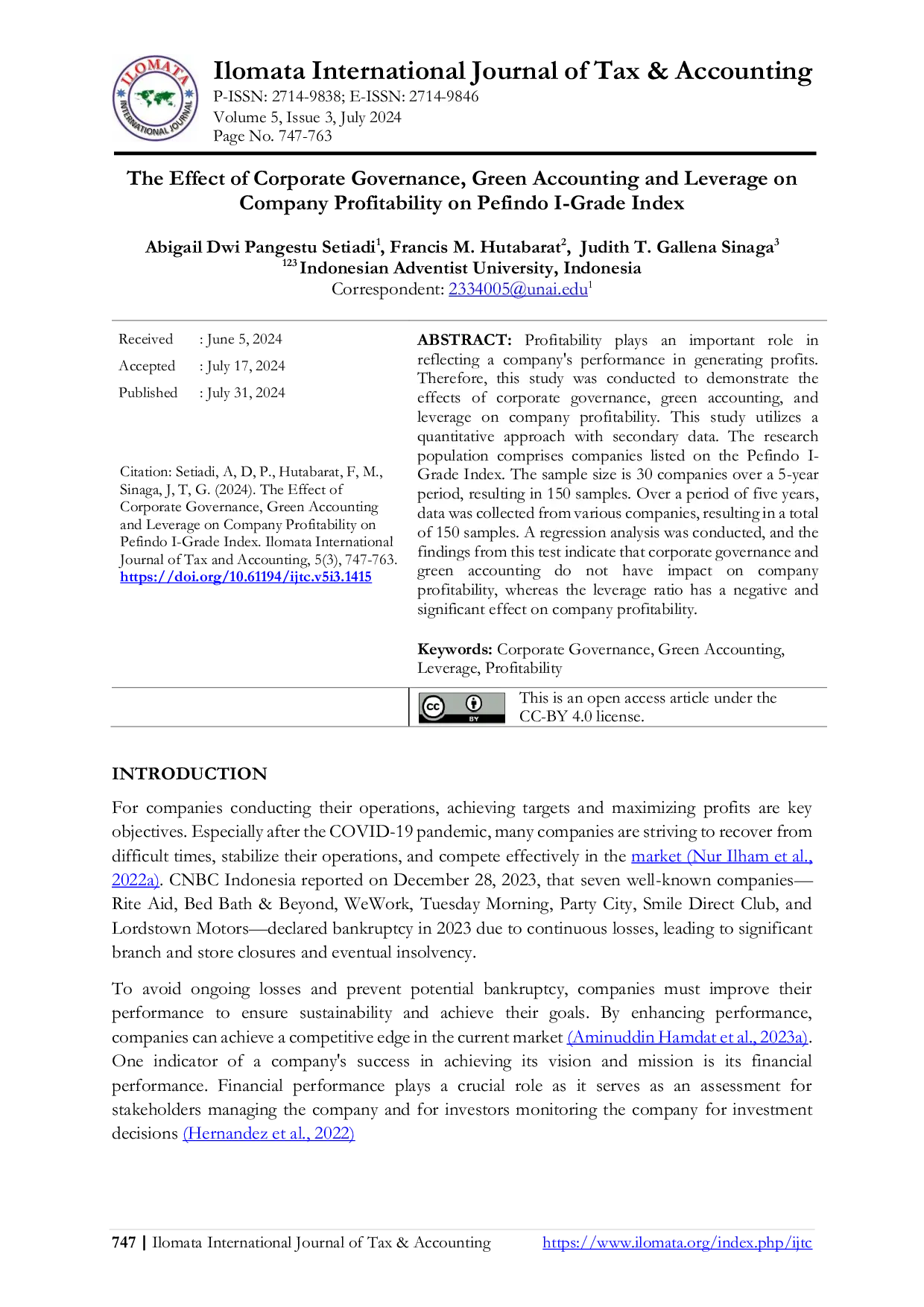 JURIS The Effect of Corporate Governance Green Accounting and Leverage on Company Profitability on Pefindo I Grade Index