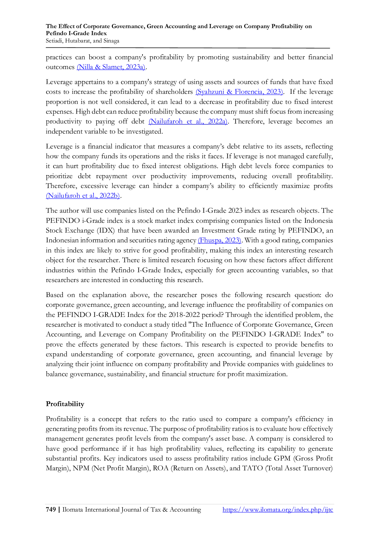 JURIS The Effect of Corporate Governance Green Accounting and Leverage on Company Profitability on Pefindo I Grade Index