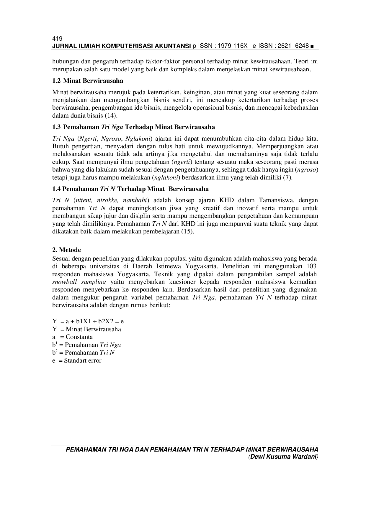 JURIS Pemahaman Tri Nga Dan Pemahaman Tri N Terhadap Minat Berwirausaha