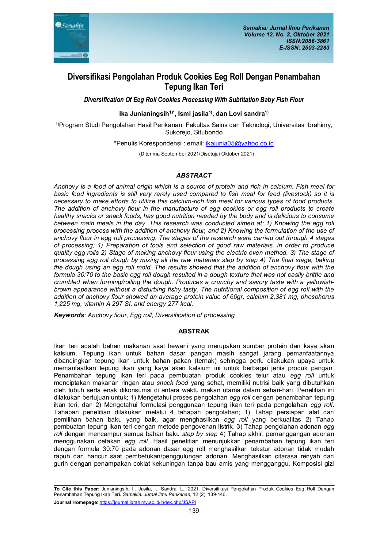 JURIS Diversifikasi Pengolahan Produk Cookies Eeg Roll Dengan Penambahan Tepung Ikan Teri