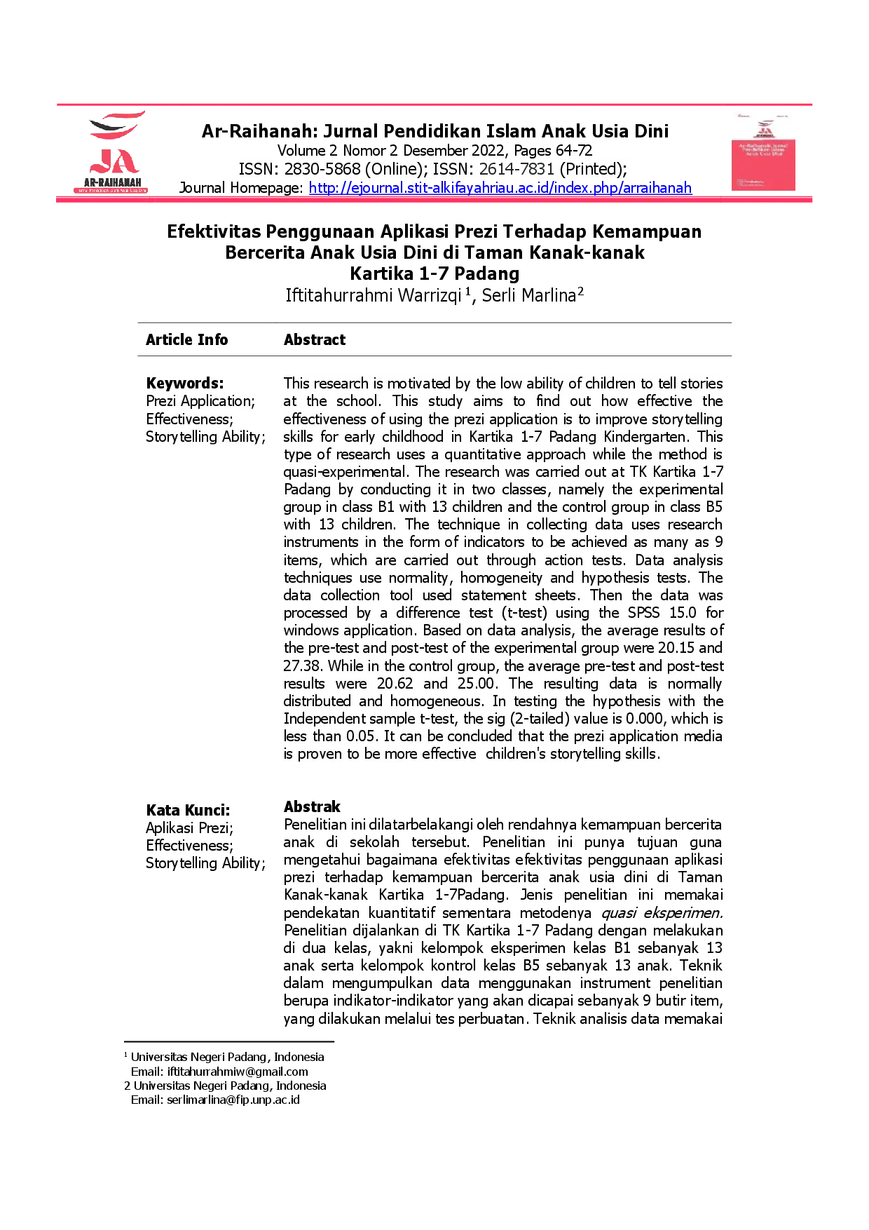 juris Efektivitas Penggunaan Aplikasi Prezi Terhadap Kemampuan Bercerita Anak Usia Dini di Taman Kanak kanak Kartika 1 7 Padang