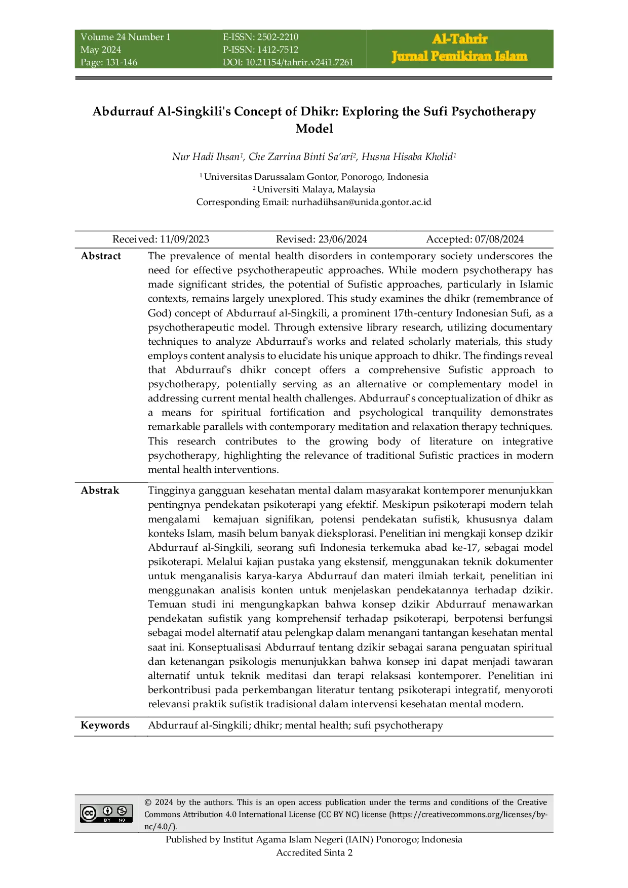 JURIS Abdurrauf Al Singkili s Concept of Dhikr Exploring the Sufi Psychotherapy Model