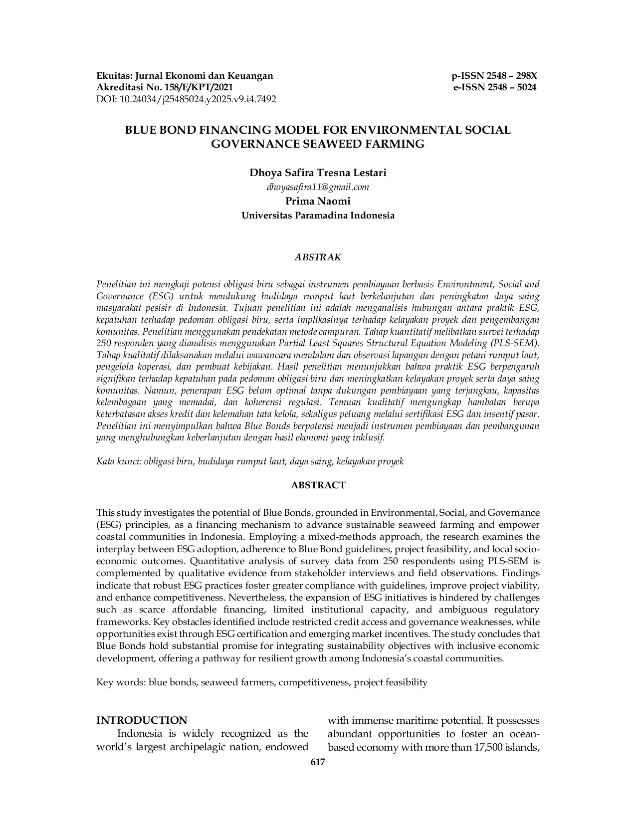 JURIS Blue Bond Financing Model for Environmental Social Governance Seaweed Farming