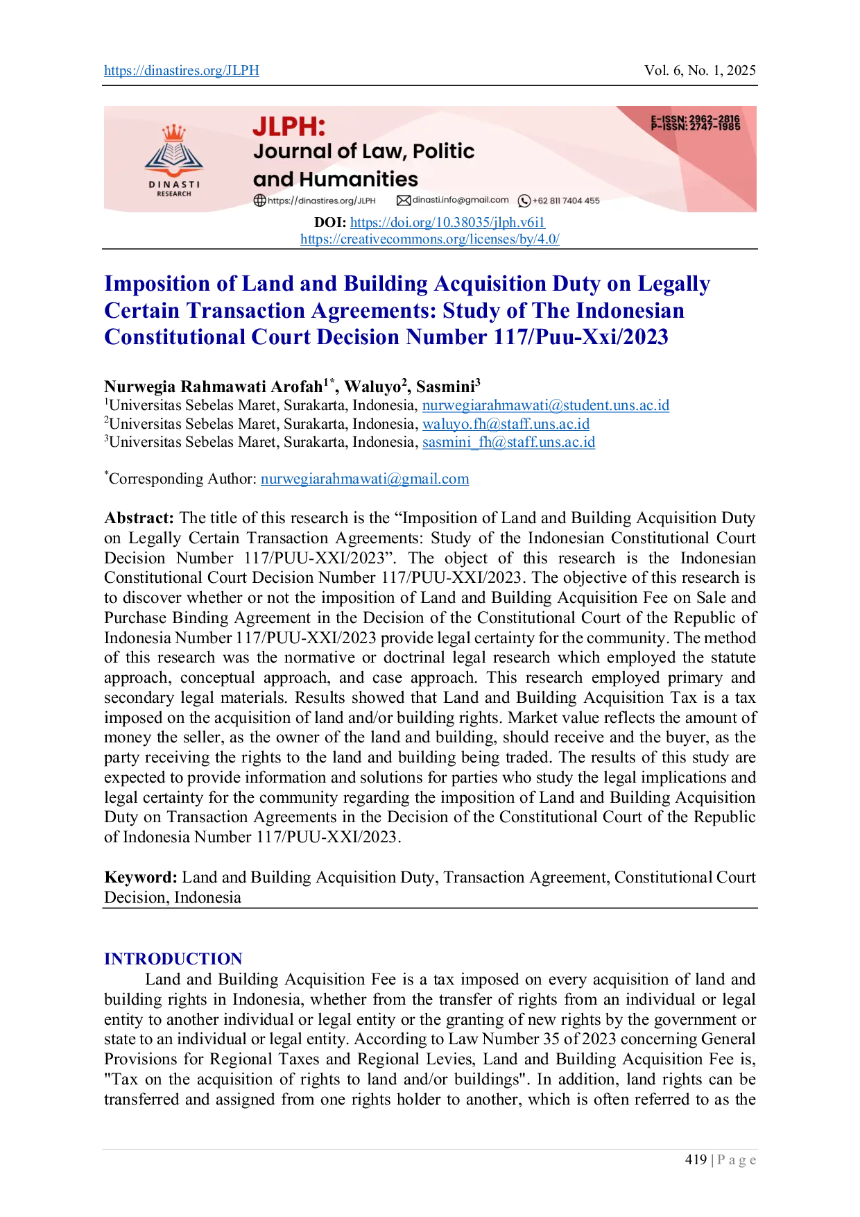 JURIS Imposition of Land and Building Acquisition Duty on Legally Certain Transaction Agreements Study of the Indonesian Constitutional Court Decision Number 117 PUU XXI 2023