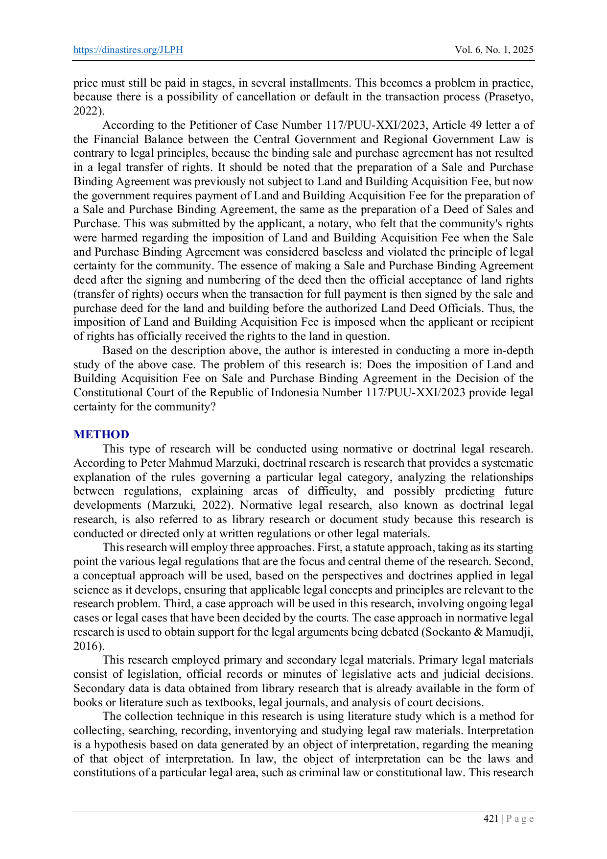 JURIS Imposition of Land and Building Acquisition Duty on Legally Certain Transaction Agreements Study of the Indonesian Constitutional Court Decision Number 117 PUU XXI 2023