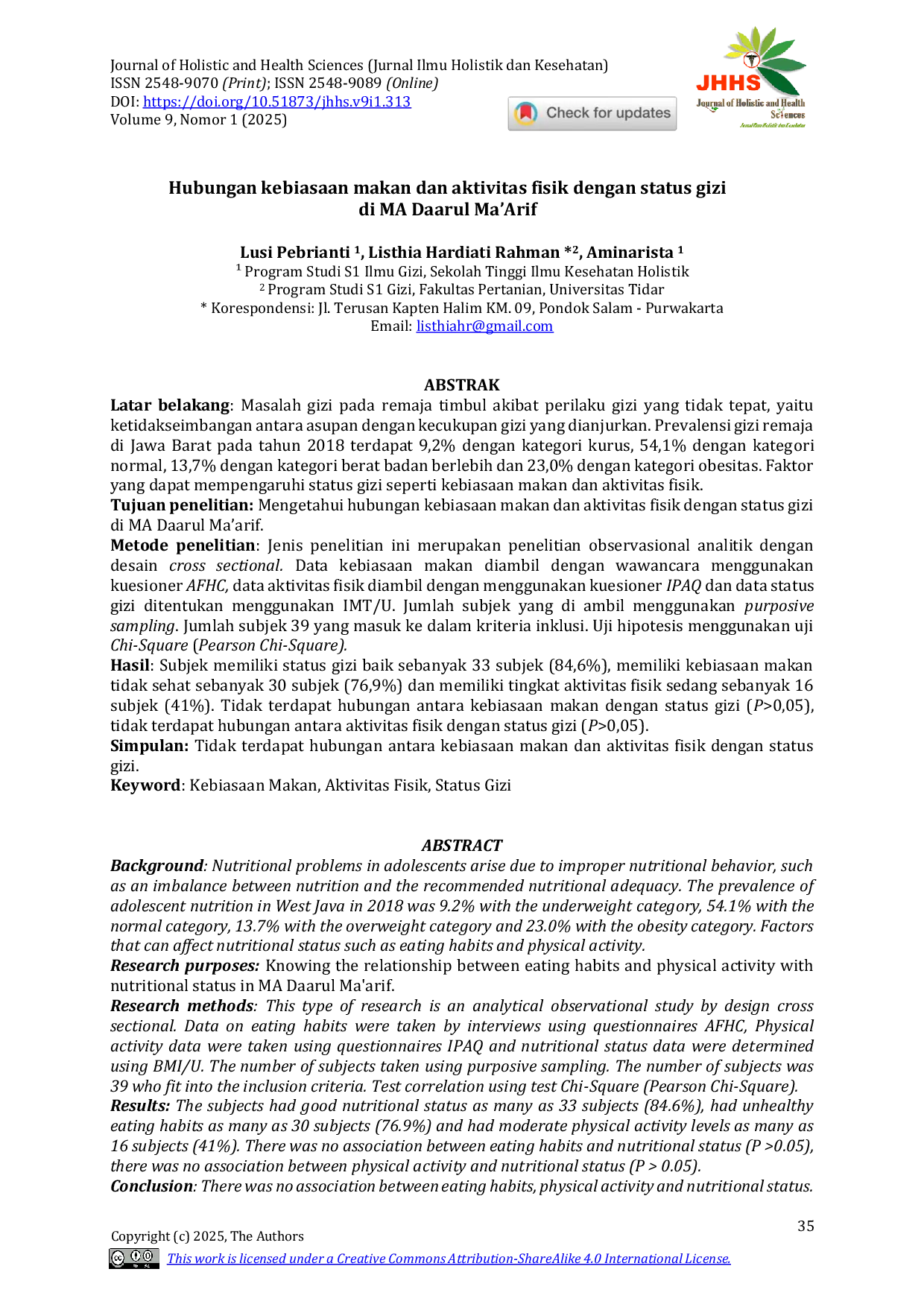 JURIS Hubungan Kebiasaan Makan dan Aktivitas Fisik dengan Status Gizi di MA Daarul Ma Arif