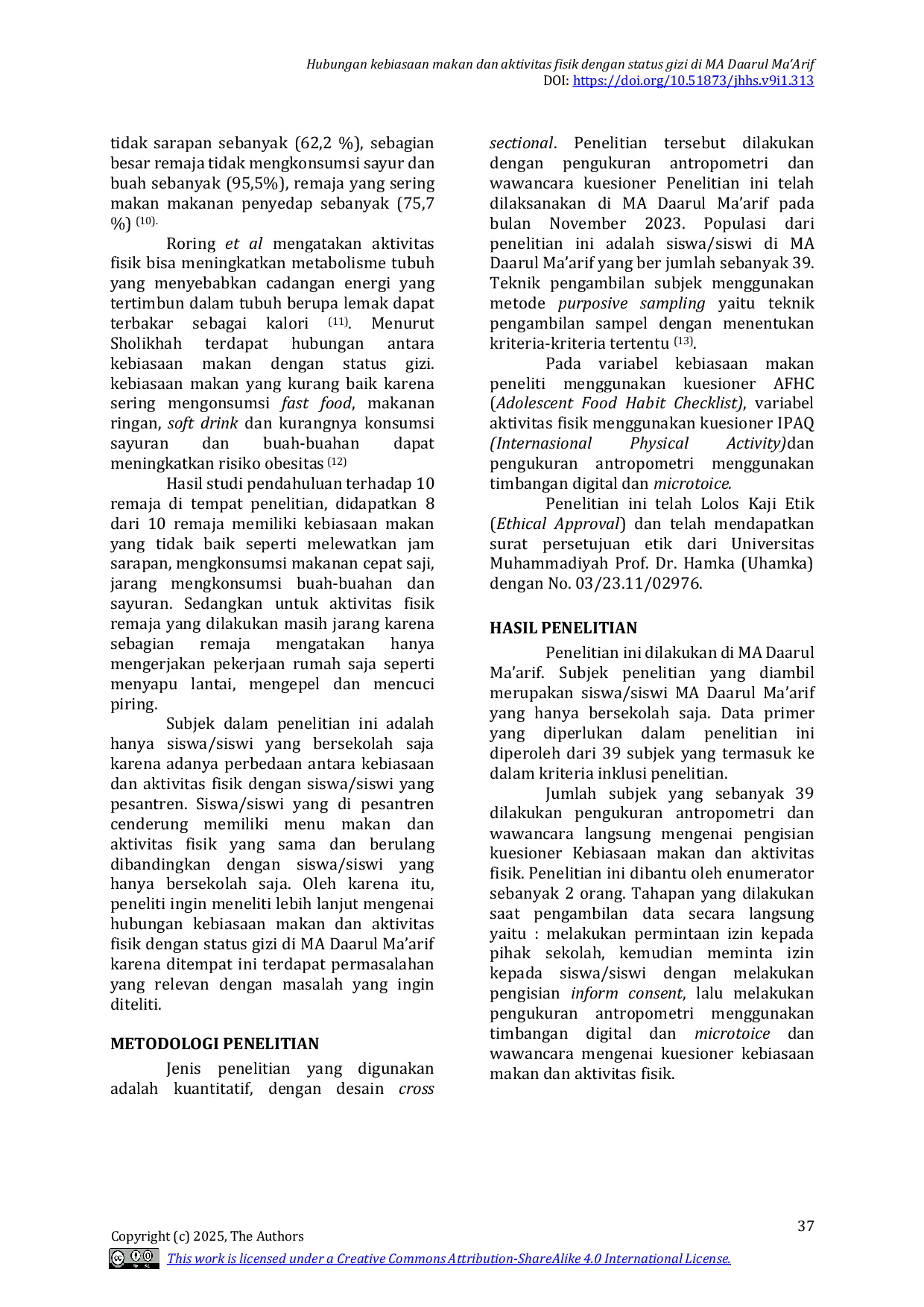 JURIS Hubungan Kebiasaan Makan dan Aktivitas Fisik dengan Status Gizi di MA Daarul Ma Arif