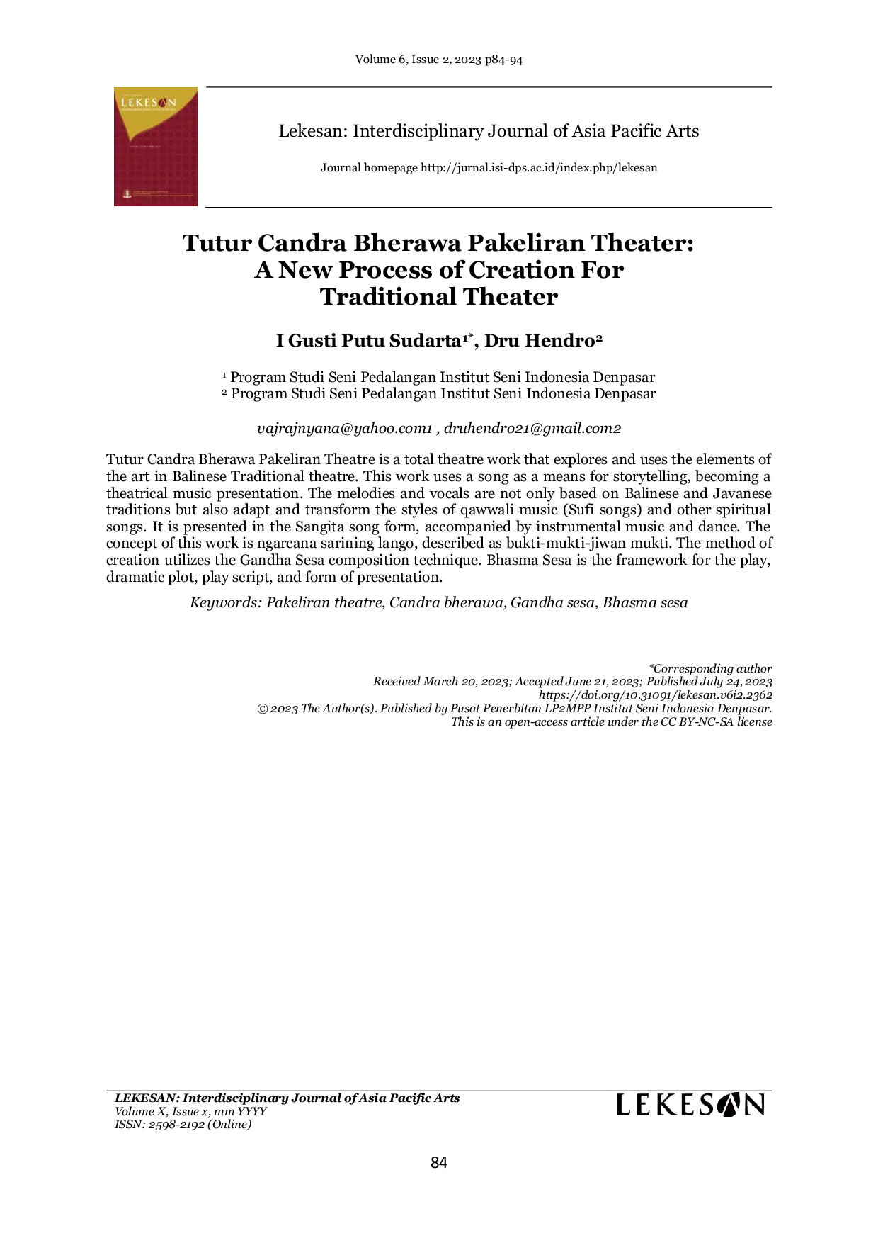 JURIS Tutur Candra Bherawa Pakeliran Theater A New Process of Creation For Traditional Theater