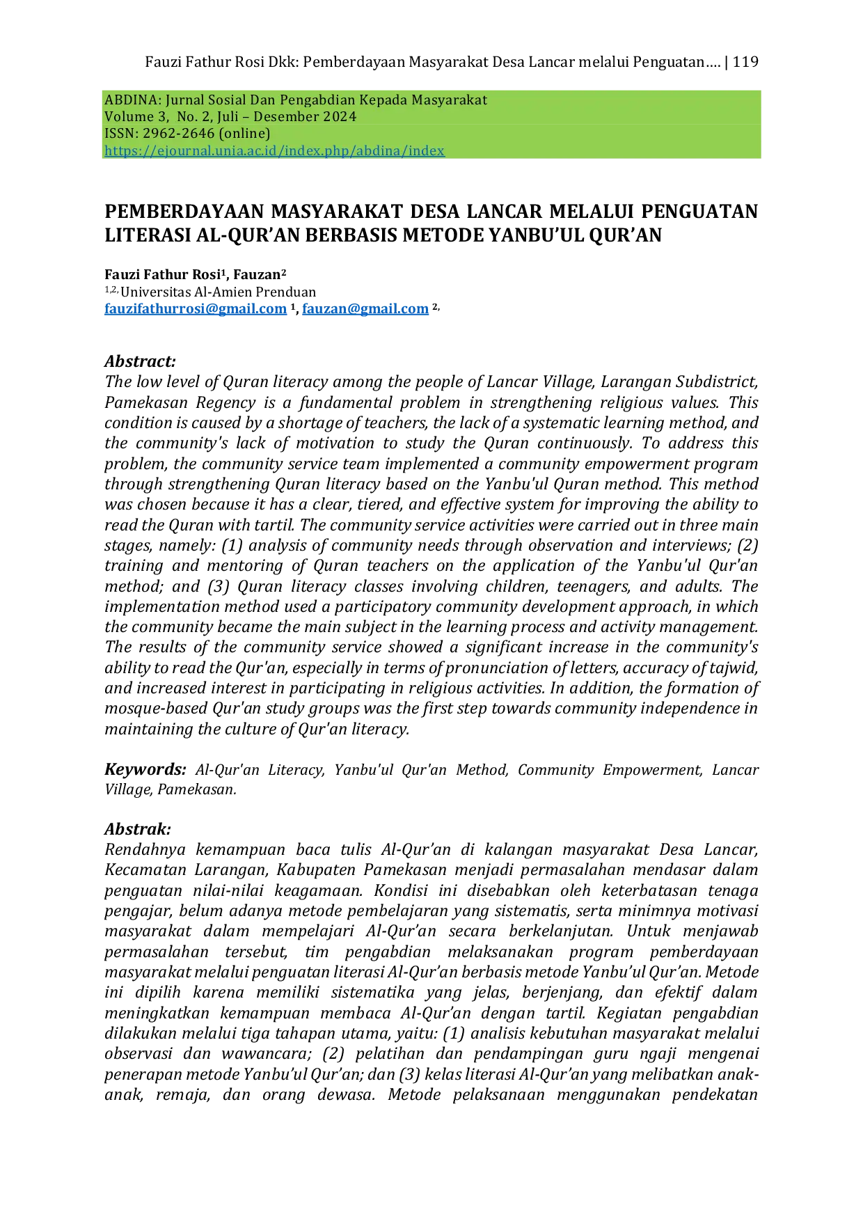 JURIS Pemberdayaan Masyarakat Desa Lancar Melalui Penguatan Literasi Al Qur an Berbasis Metode Yanbu ul Qur an