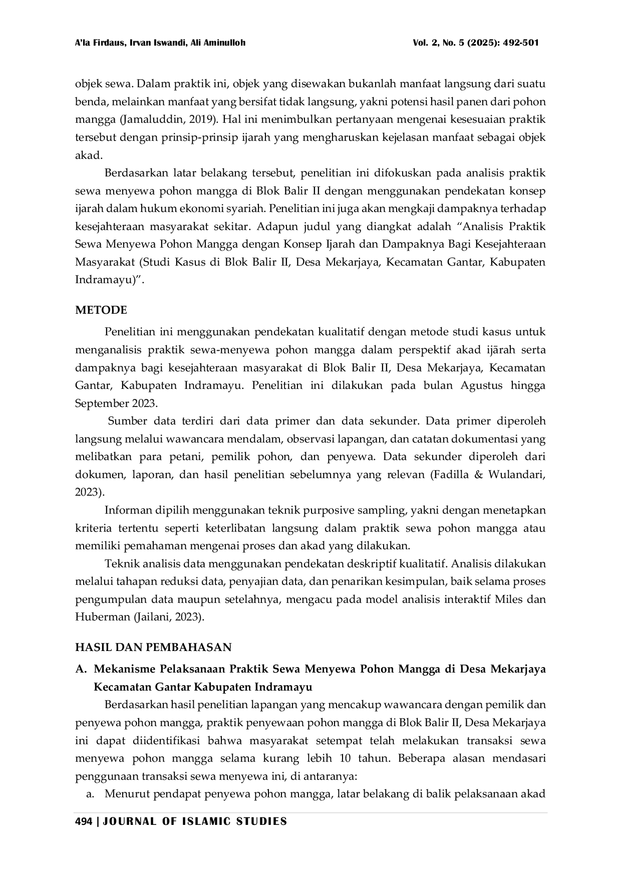 JURIS Analisis Praktik Sewa Menyewa Pohon Mangga dengan Konsep Ijarah dan Dampaknya Bagi Kesejahteraan Masyarakat